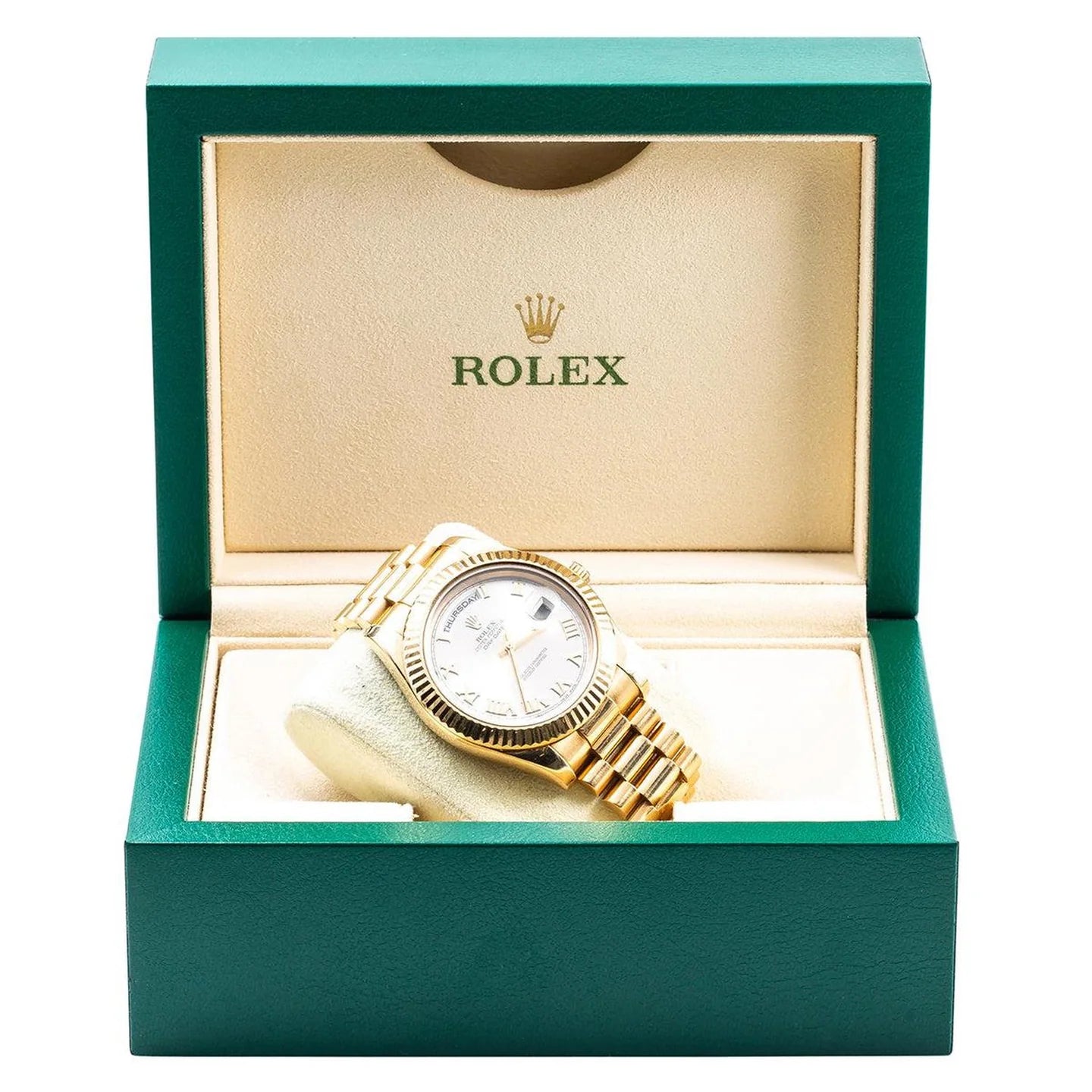 ROLEX DAY-DATE II 41MM 218238 SILVER ROMAN DIAL FLUTED BEZEL 18K YELLOW GOLD PRESIDENT BRACELET