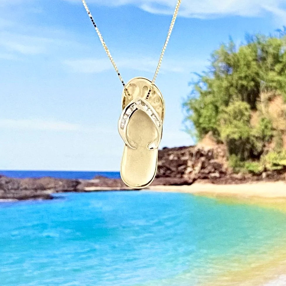 14KT Gold Hawaiian Slipper Pendant with Diamond Straps
