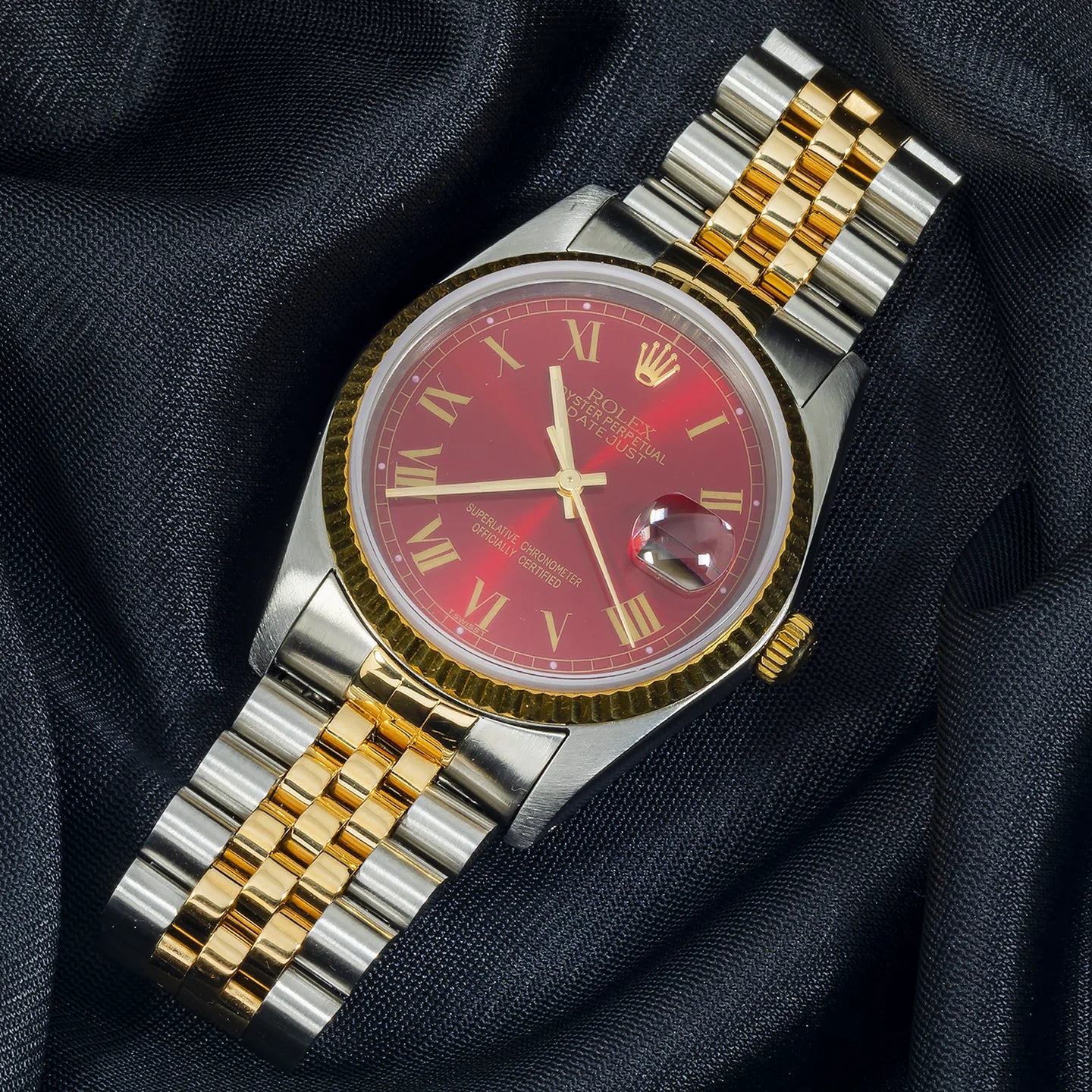 ROLEX DATEJUST 36MM 16233 RED ROMAN DIAL FLUTED BEZEL TWO TONE YELLOW GOLD JUBILEE BRACELET