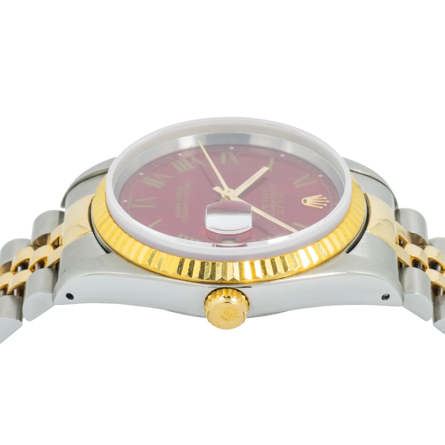 ROLEX DATEJUST 36MM 16233 RED ROMAN DIAL FLUTED BEZEL TWO TONE YELLOW GOLD JUBILEE BRACELET