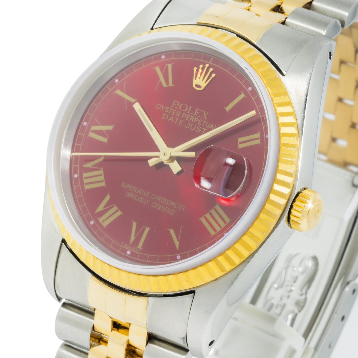 ROLEX DATEJUST 36MM 16233 RED ROMAN DIAL FLUTED BEZEL TWO TONE YELLOW GOLD JUBILEE BRACELET