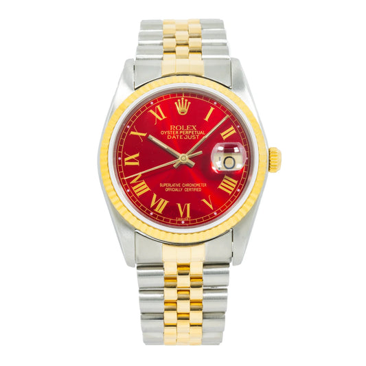 ROLEX DATEJUST 36MM 16233 RED ROMAN DIAL FLUTED BEZEL TWO TONE YELLOW GOLD JUBILEE BRACELET