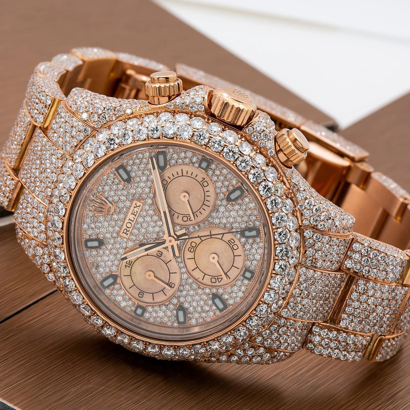 ROLEX COSMOGRAPH DAYTONA 40MM 116505 DIAMOND PAVED DIAL DIAMOND BEZEL 18K ROSE GOLD FULL DIAMOND OYSTER BRACELET