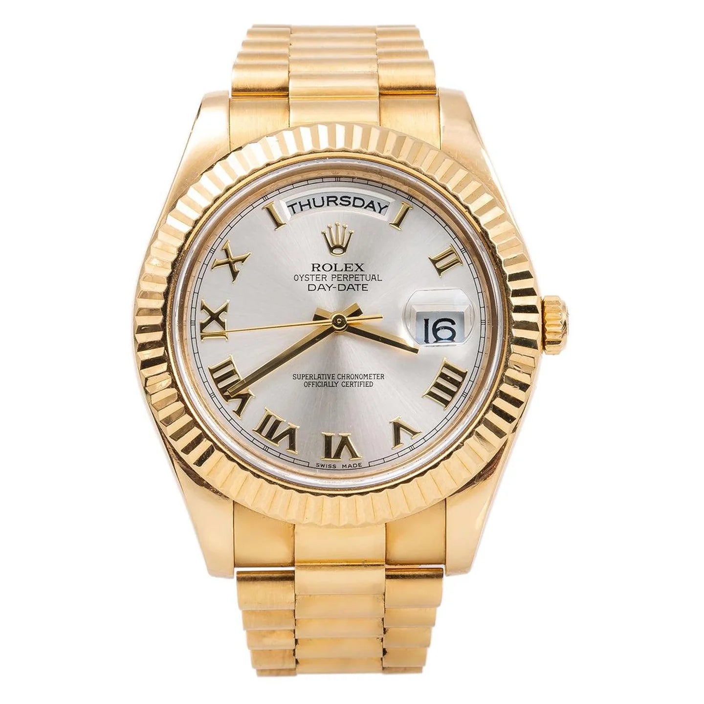ROLEX DAY-DATE II 41MM 218238 SILVER ROMAN DIAL FLUTED BEZEL 18K YELLOW GOLD PRESIDENT BRACELET