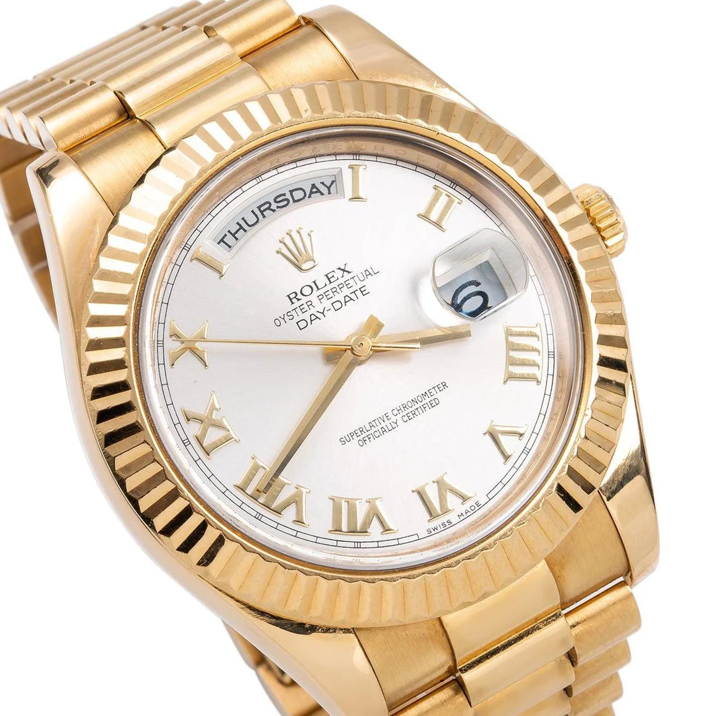 ROLEX DAY-DATE II 41MM 218238 SILVER ROMAN DIAL FLUTED BEZEL 18K YELLOW GOLD PRESIDENT BRACELET