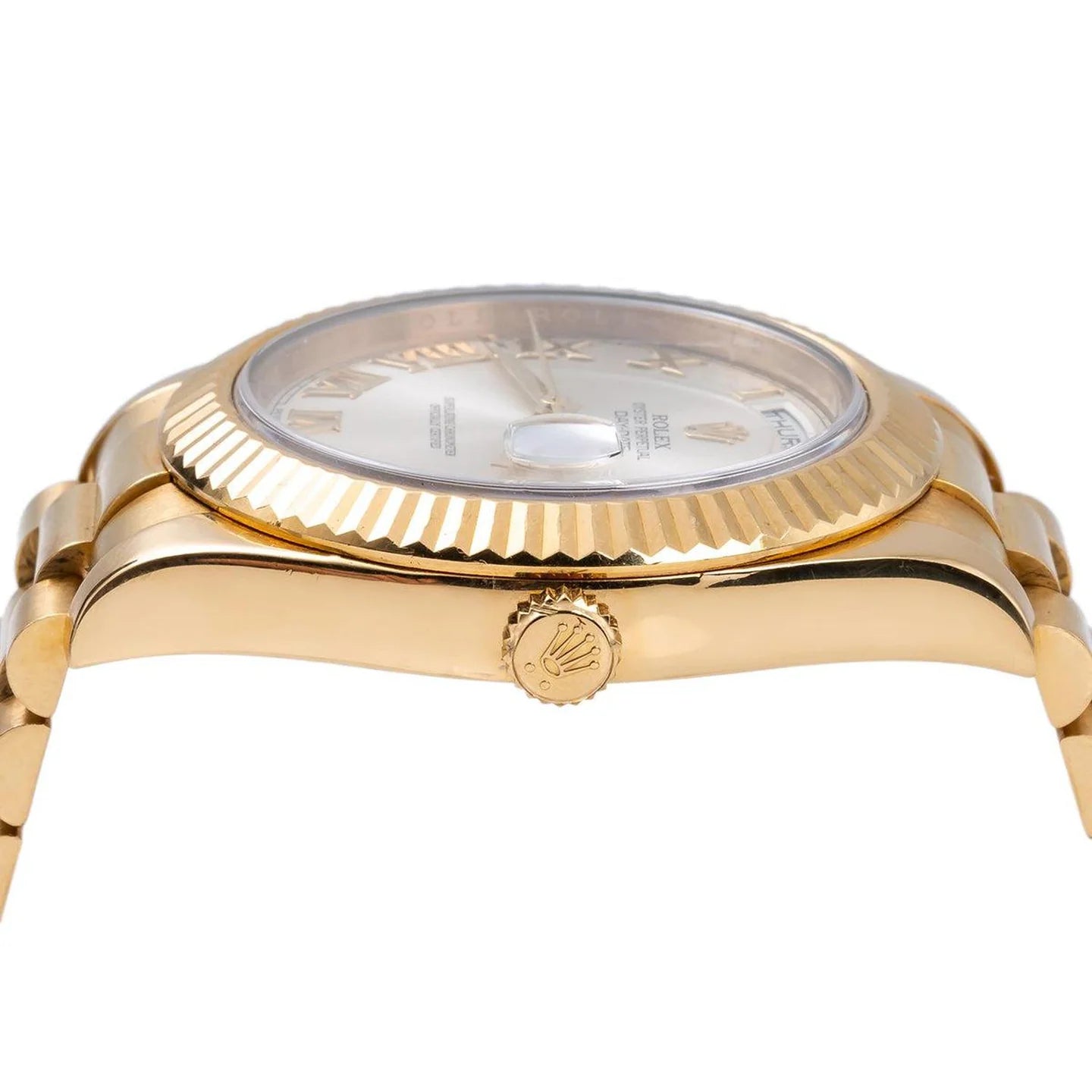 ROLEX DAY-DATE II 41MM 218238 SILVER ROMAN DIAL FLUTED BEZEL 18K YELLOW GOLD PRESIDENT BRACELET