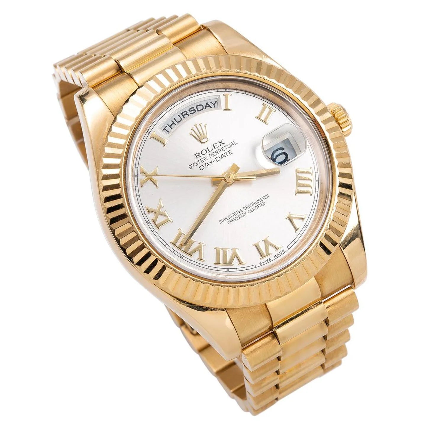 ROLEX DAY-DATE II 41MM 218238 SILVER ROMAN DIAL FLUTED BEZEL 18K YELLOW GOLD PRESIDENT BRACELET
