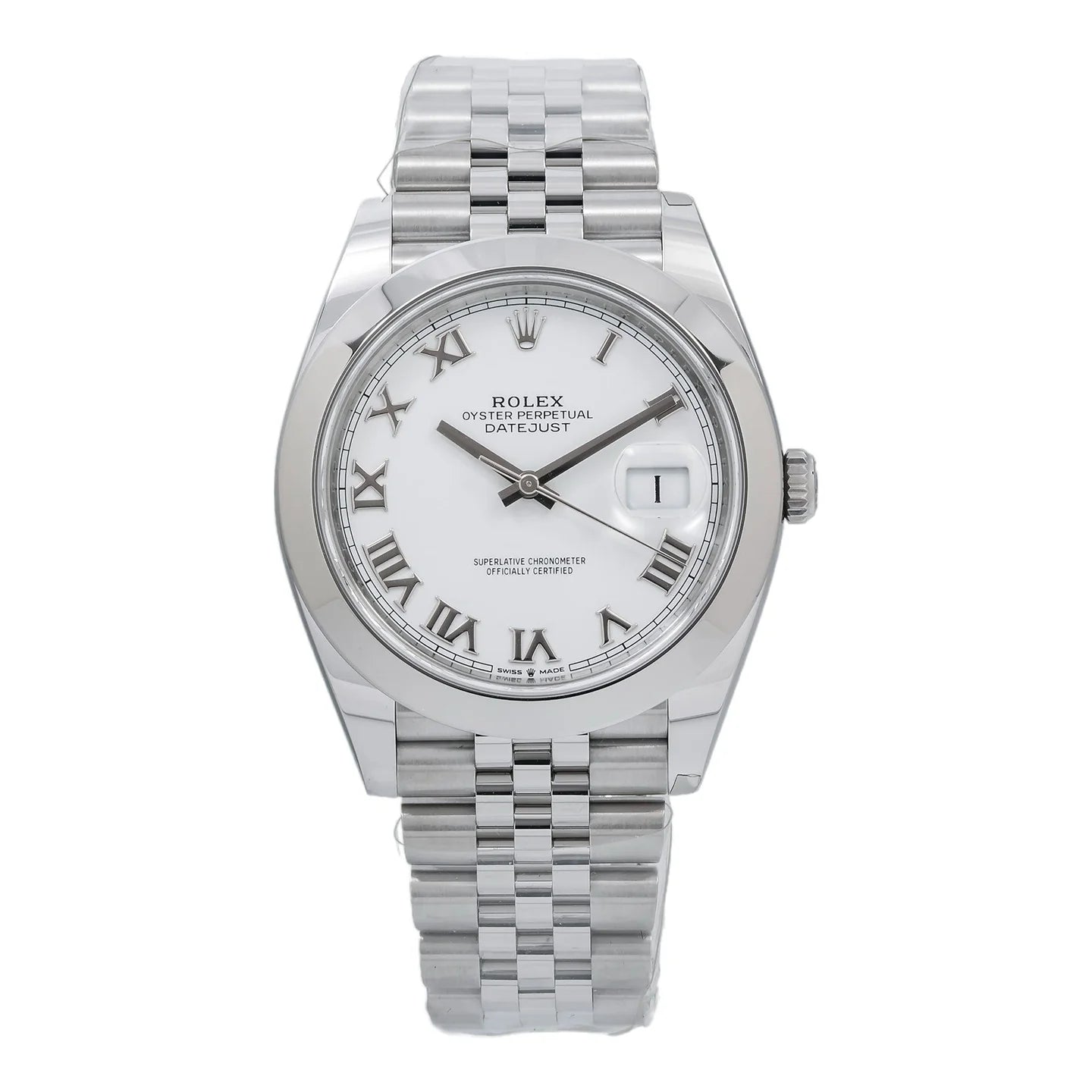 ROLEX DATEJUST 41MM 126300 WHITE ROMAN DIAL SMOOTH BEZEL STAINLESS STEEL JUBILEE BRACELET