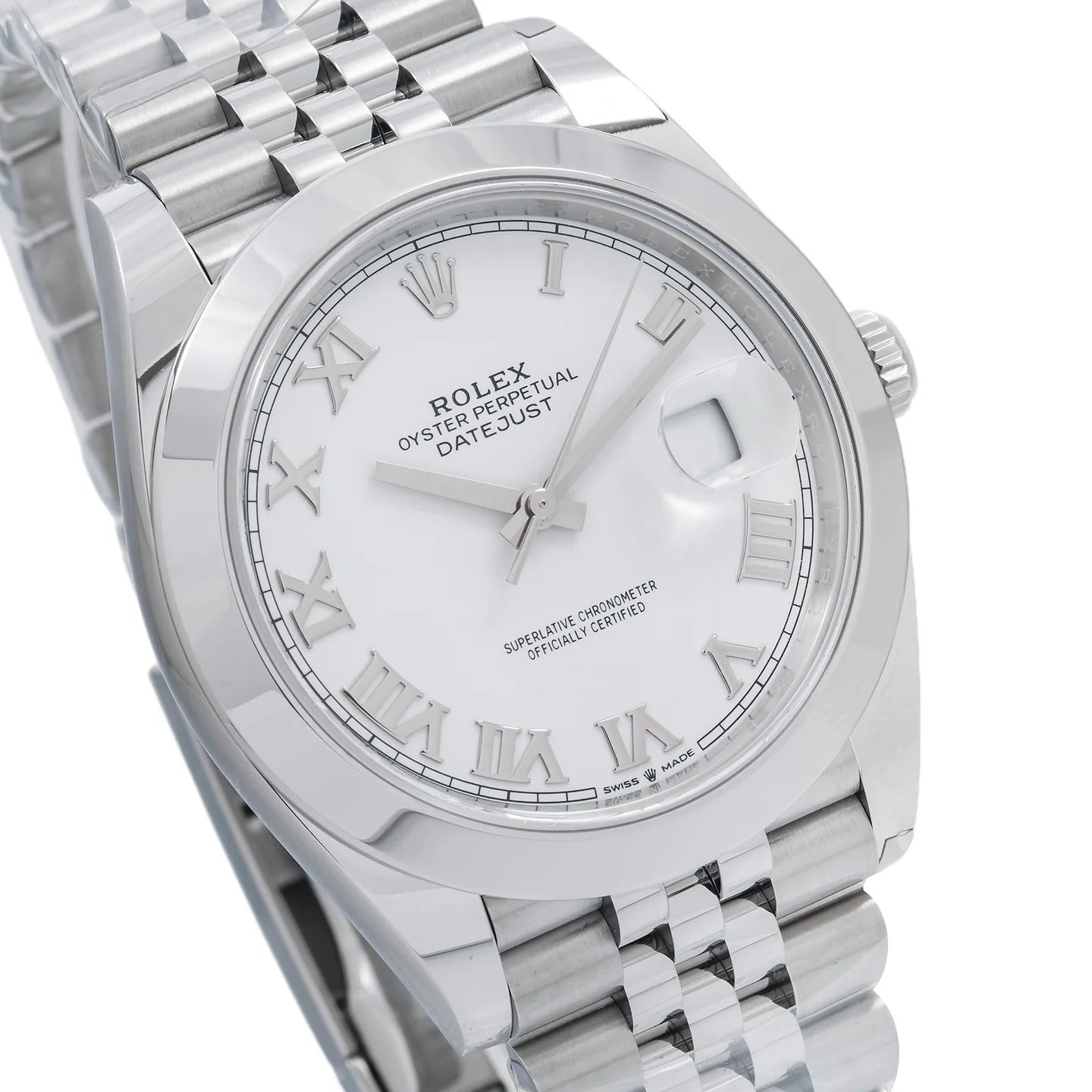 ROLEX DATEJUST 41MM 126300 WHITE ROMAN DIAL SMOOTH BEZEL STAINLESS STEEL JUBILEE BRACELET