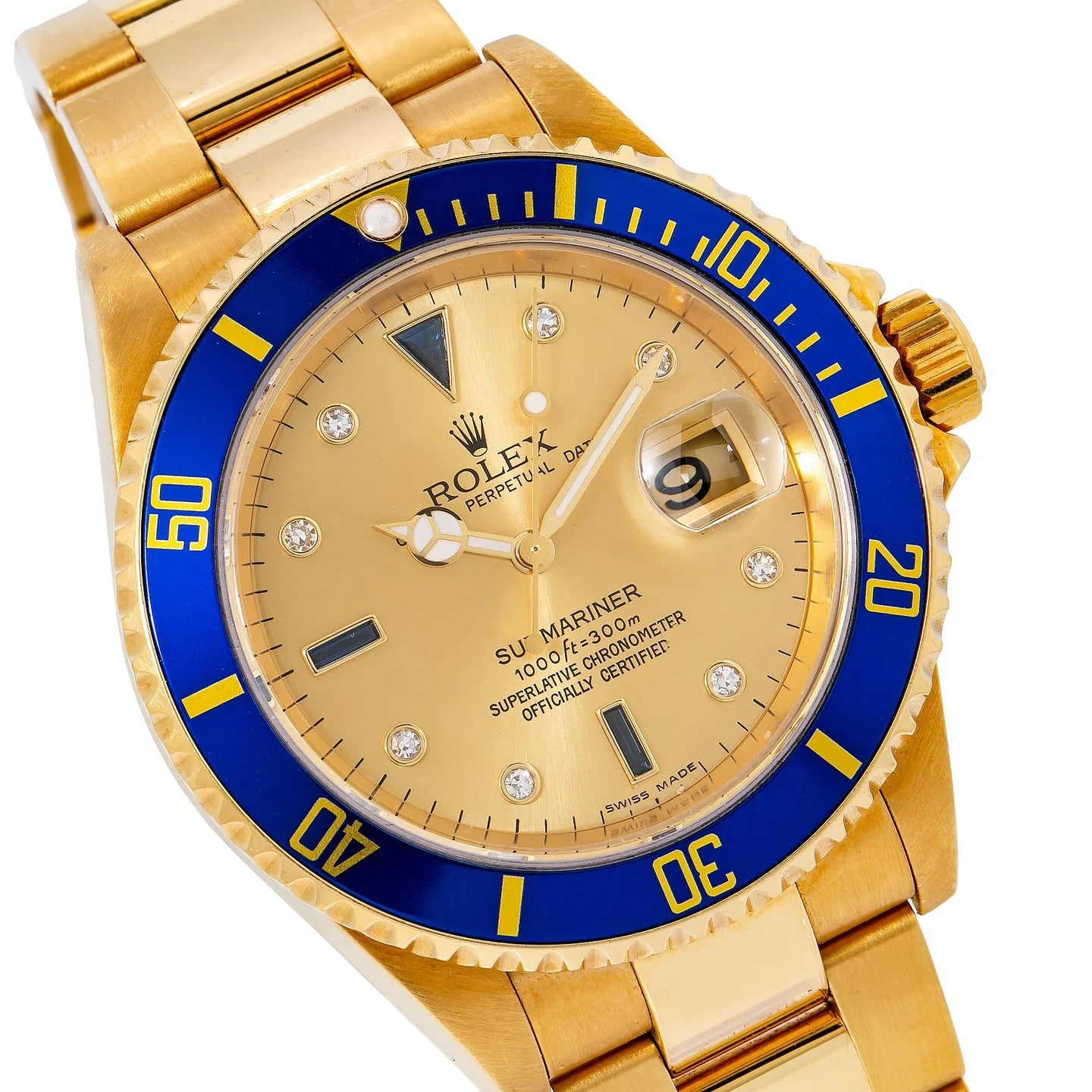ROLEX SUBMARINER DATE 40MM 16618 CHAMPAGNE DIAMOND DIAL BLUE CERAMIC BEZEL 18K YELLOW GOLD OYSTER BRACELET