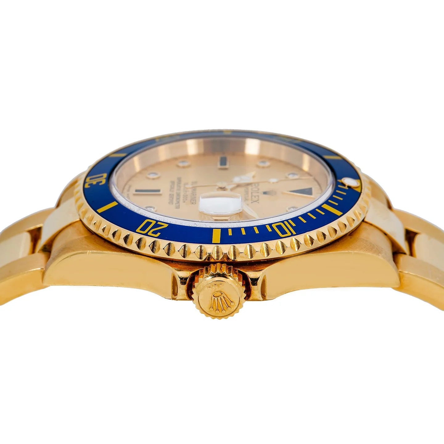 ROLEX SUBMARINER DATE 40MM 16618 CHAMPAGNE DIAMOND DIAL BLUE CERAMIC BEZEL 18K YELLOW GOLD OYSTER BRACELET