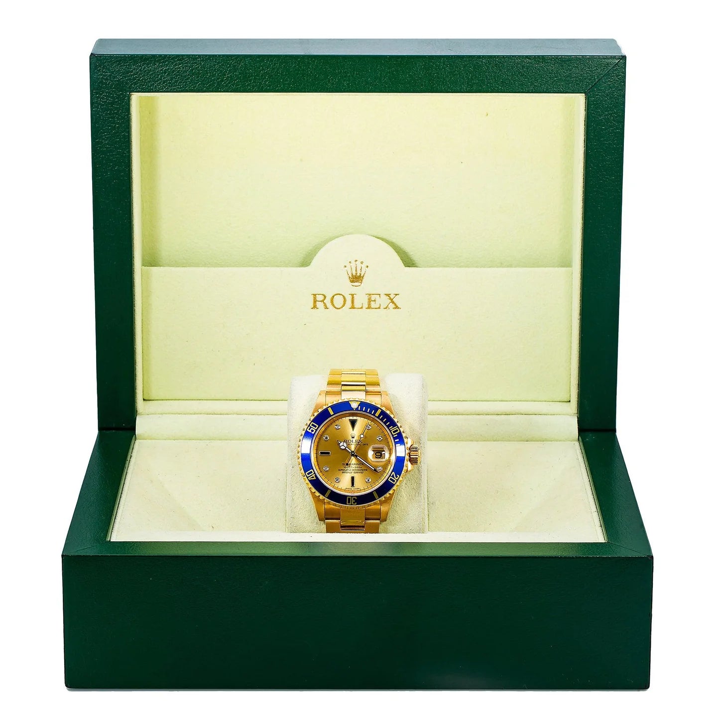 ROLEX SUBMARINER DATE 40MM 16618 CHAMPAGNE DIAMOND DIAL BLUE CERAMIC BEZEL 18K YELLOW GOLD OYSTER BRACELET