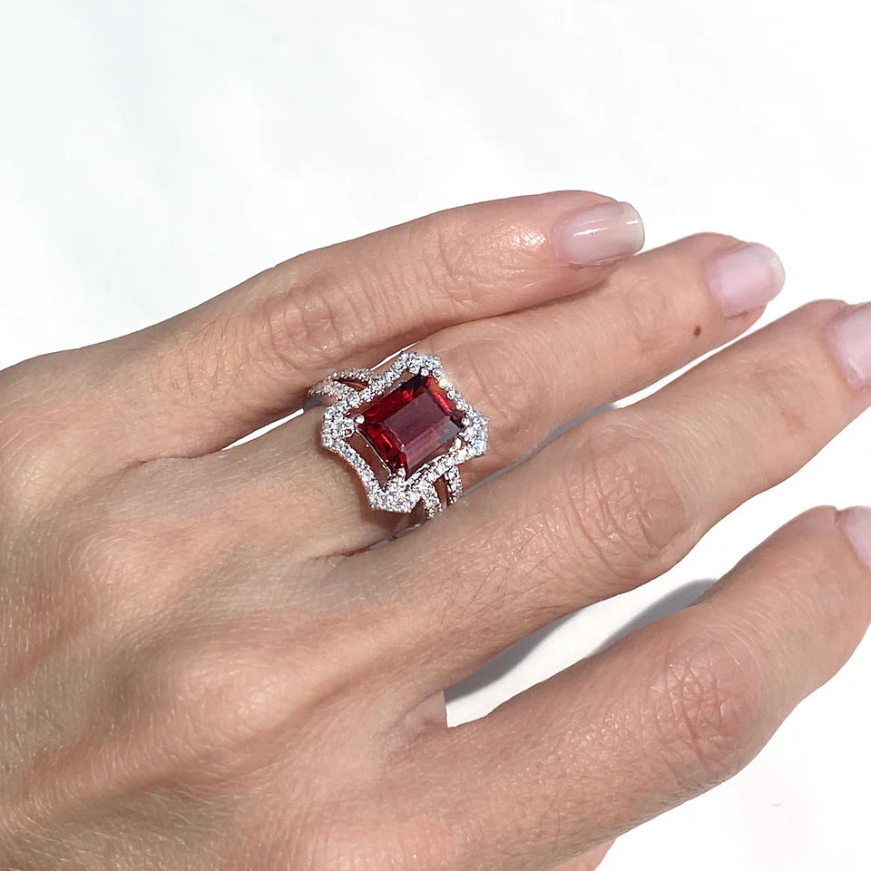 RHODOLITE GARNET RING WITH DIAMONDS