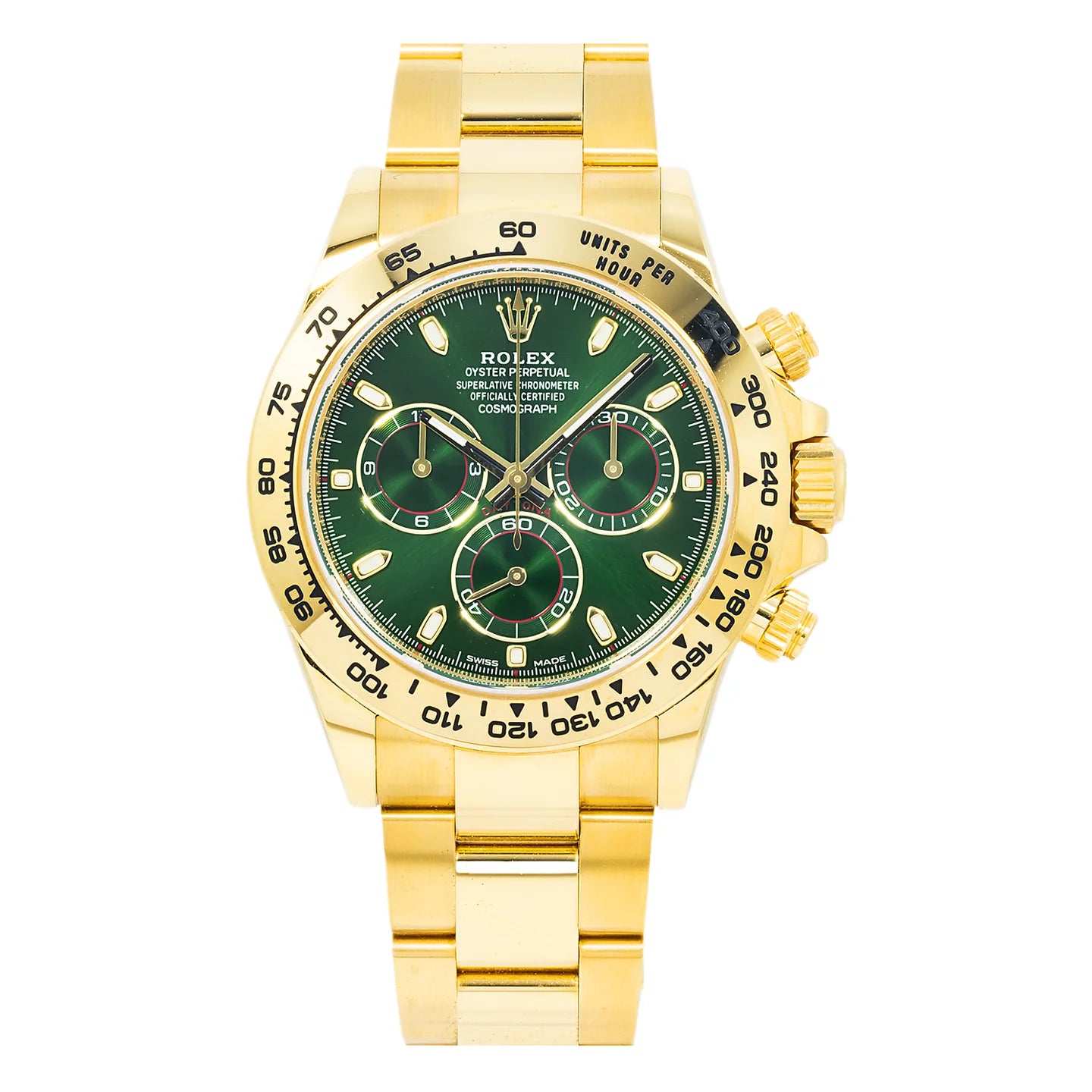 ROLEX COSMOGRAPH DAYTONA 40MM 116508 JOHN MAYER / GREEN DAYTONA GREEN DIAL TACHYMETER BEZEL 18K YELLOW GOLD OYSTER BRACELET