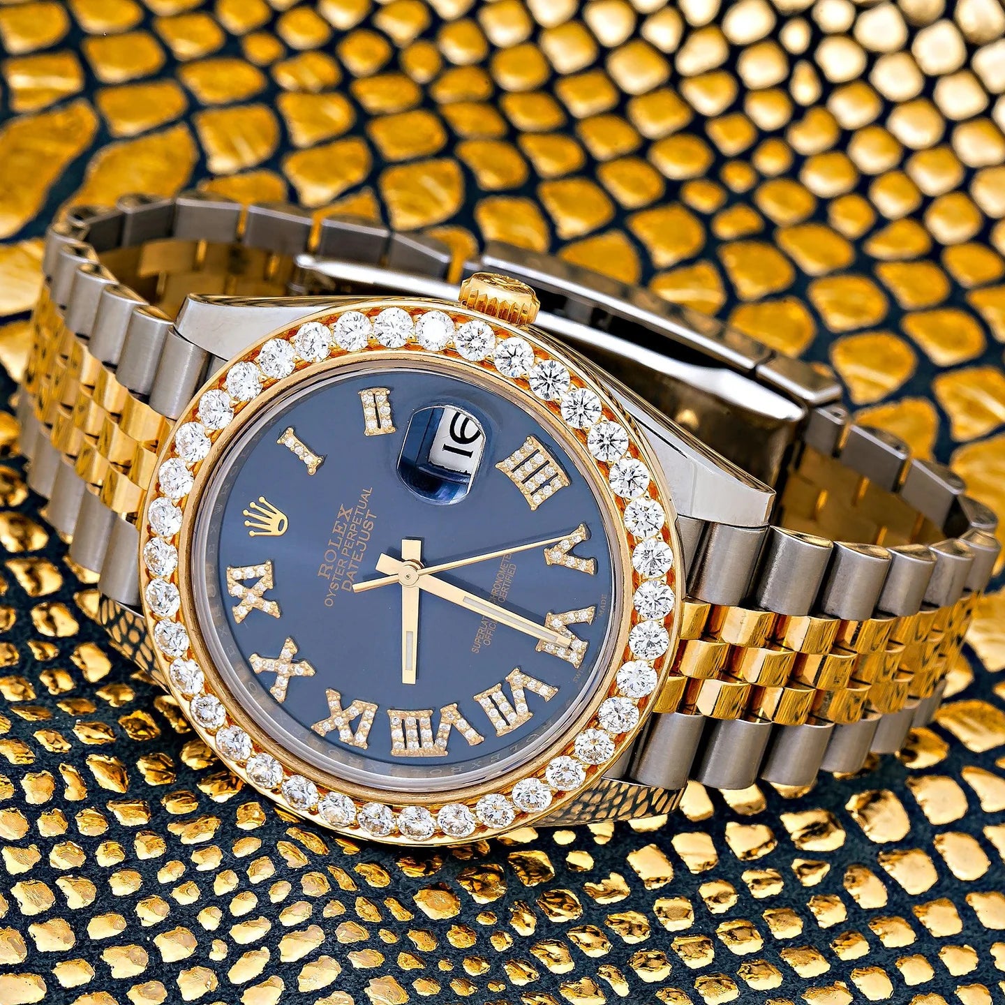 ROLEX DATEJUST 41MM 126333 BLUE ROMAN DIAMOND DIAL DIAMOND BEZEL TWO TONE YELLOW GOLD JUBILEE BRACELET