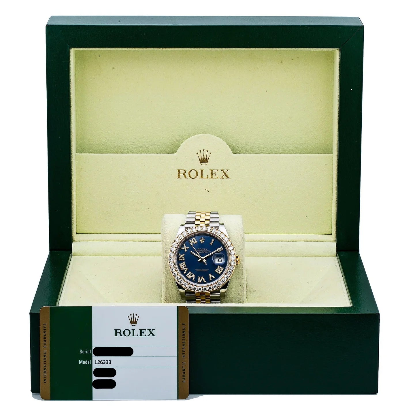 ROLEX DATEJUST 41MM 126333 BLUE ROMAN DIAMOND DIAL DIAMOND BEZEL TWO TONE YELLOW GOLD JUBILEE BRACELET