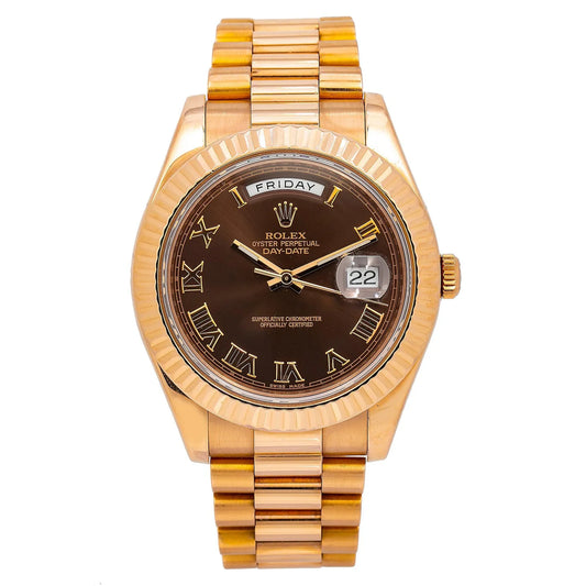 ROLEX DAY-DATE II 41MM 218235 CHOCOLATE ROMAN DIAL FLUTED BEZEL 18K ROSE GOLD PRESIDENT BRACELET