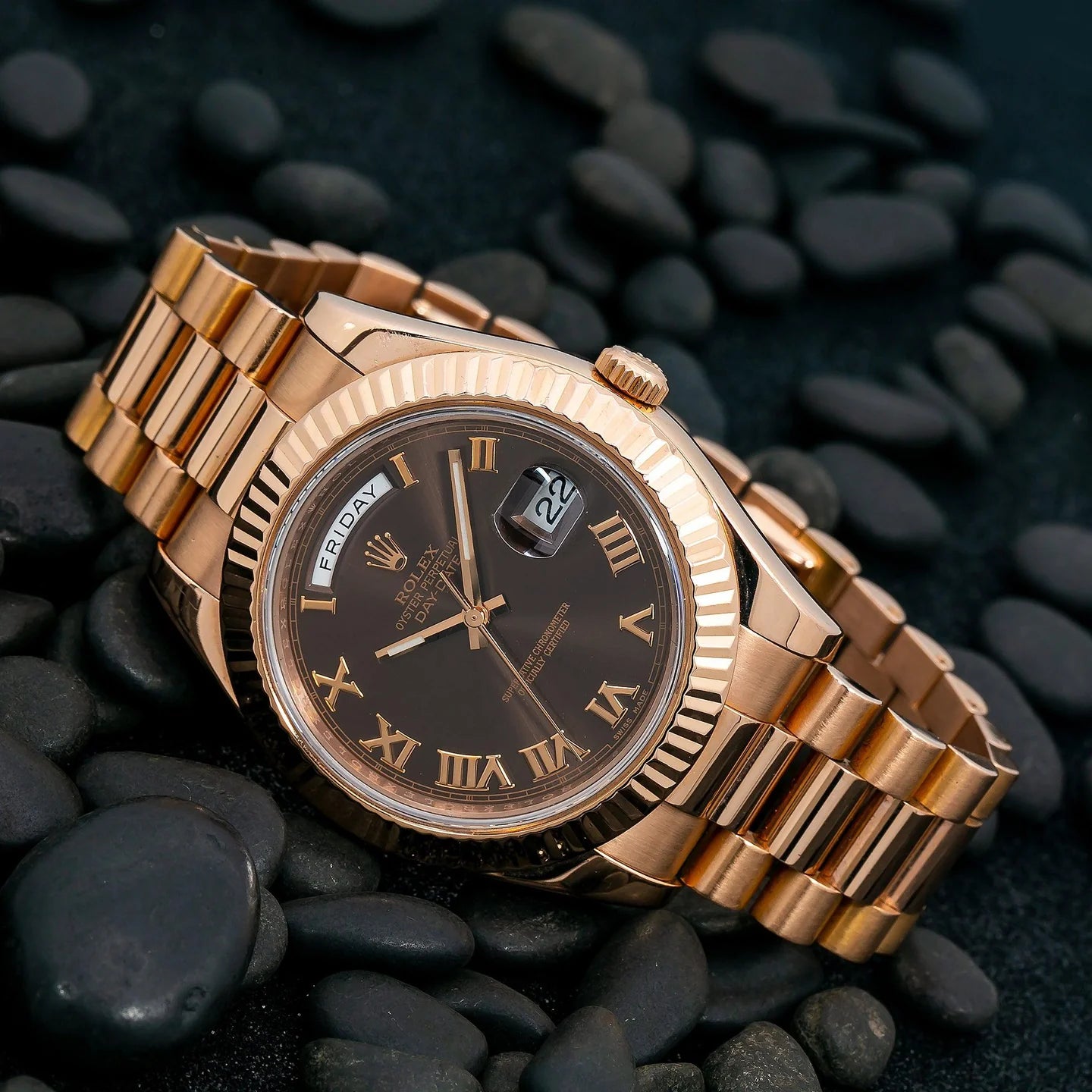 ROLEX DAY-DATE II 41MM 218235 CHOCOLATE ROMAN DIAL FLUTED BEZEL 18K ROSE GOLD PRESIDENT BRACELET