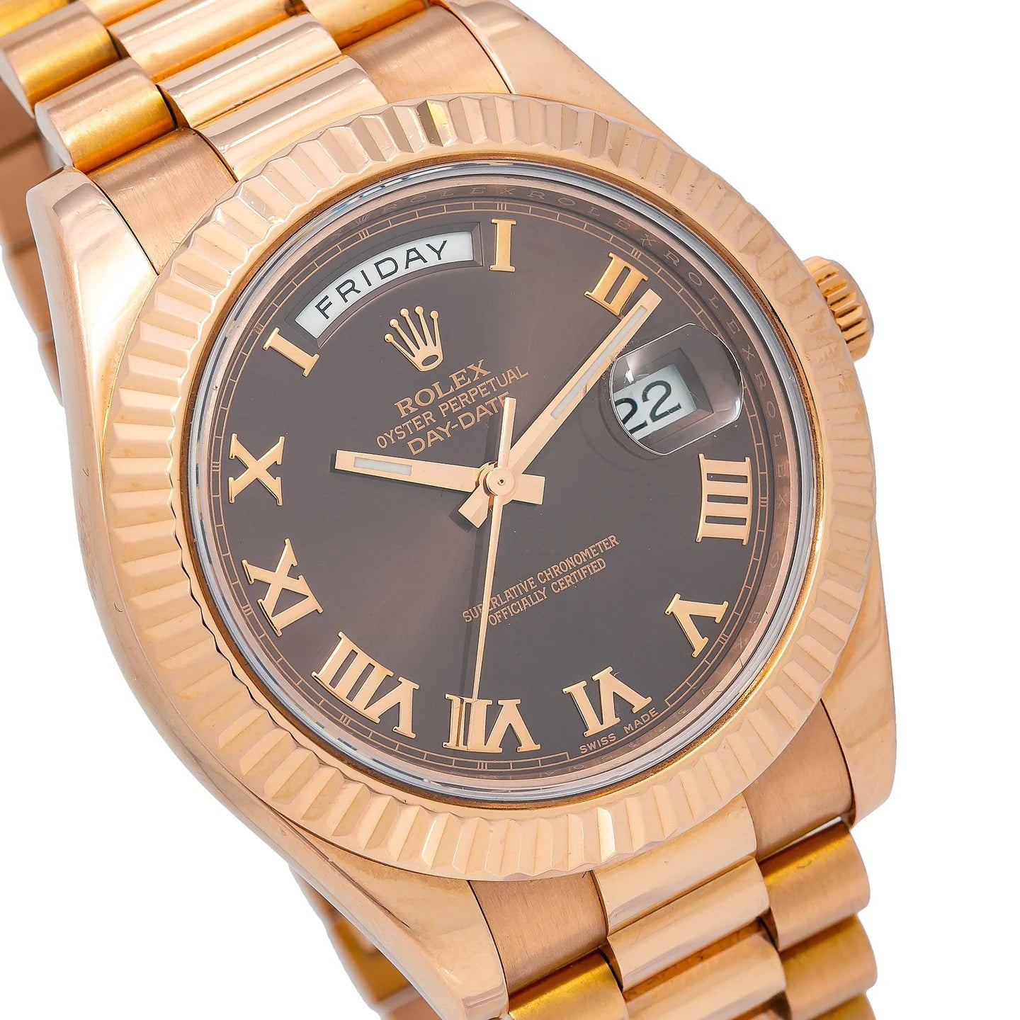 ROLEX DAY-DATE II 41MM 218235 CHOCOLATE ROMAN DIAL FLUTED BEZEL 18K ROSE GOLD PRESIDENT BRACELET