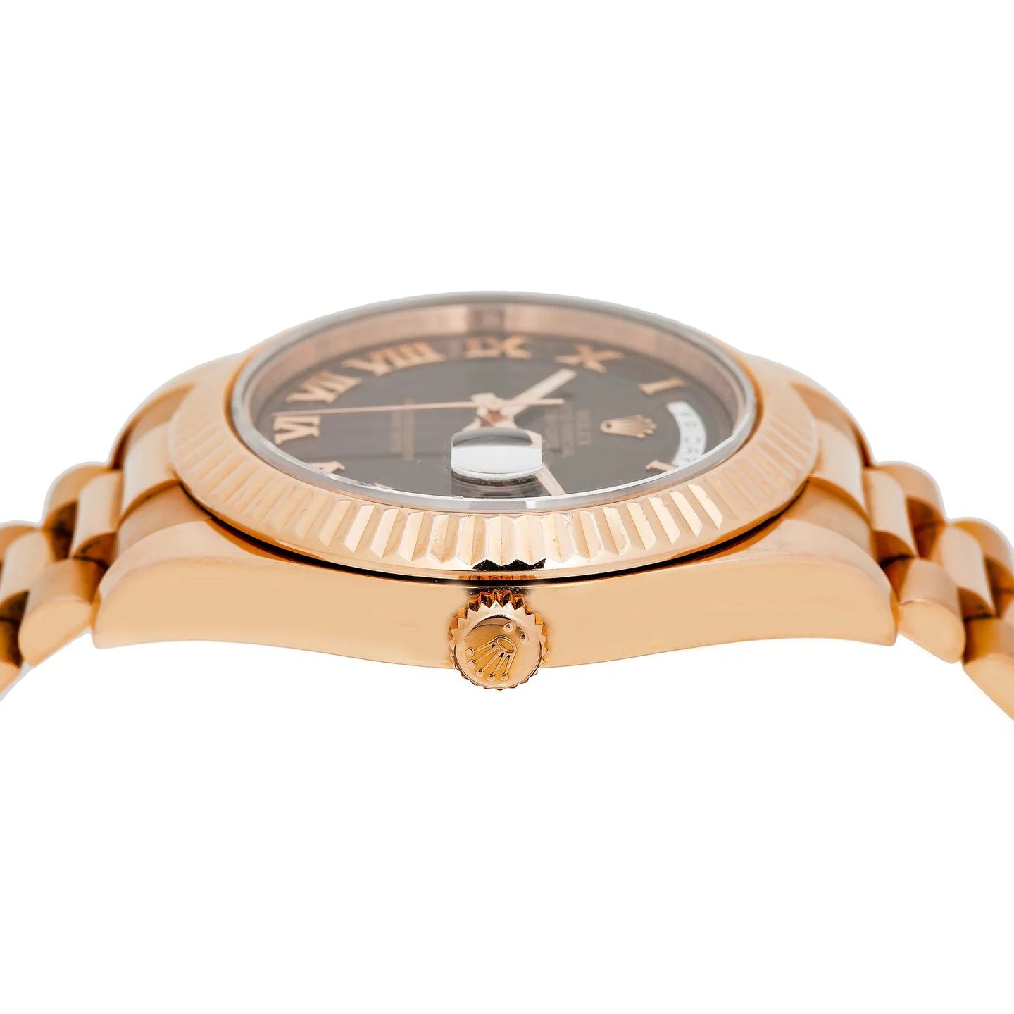 ROLEX DAY-DATE II 41MM 218235 CHOCOLATE ROMAN DIAL FLUTED BEZEL 18K ROSE GOLD PRESIDENT BRACELET