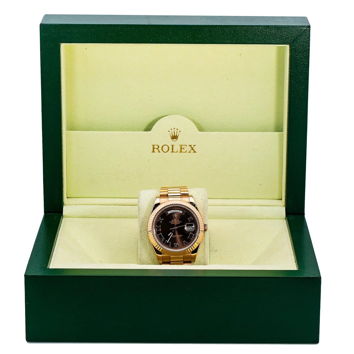 ROLEX DAY-DATE II 41MM 218235 CHOCOLATE ROMAN DIAL FLUTED BEZEL 18K ROSE GOLD PRESIDENT BRACELET