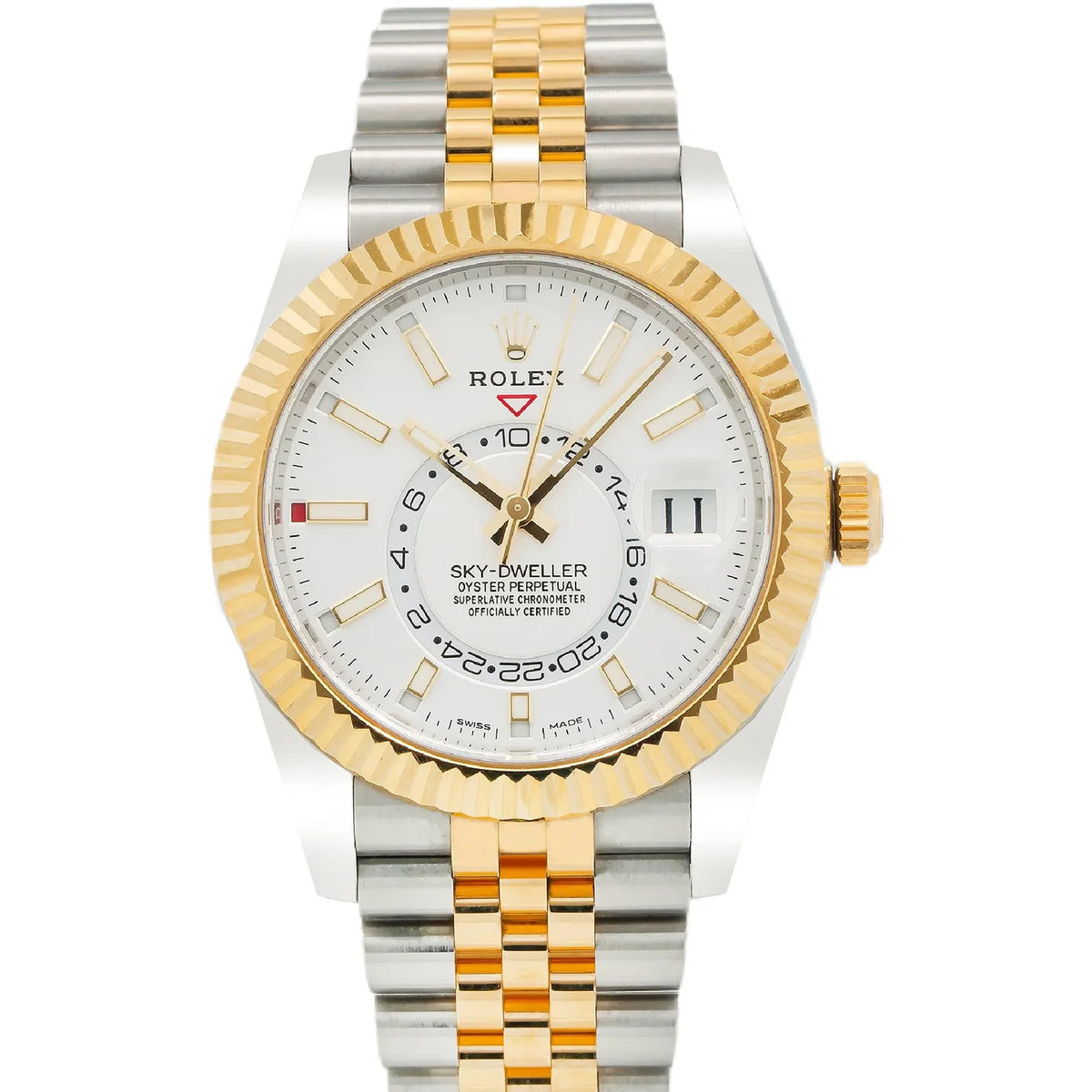 ROLEX SKY-DWELLER 42MM 326933 WHITE DIAL FLUTED BEZEL TWO TONE YELLOW GOLD JUBILEE BRACELET