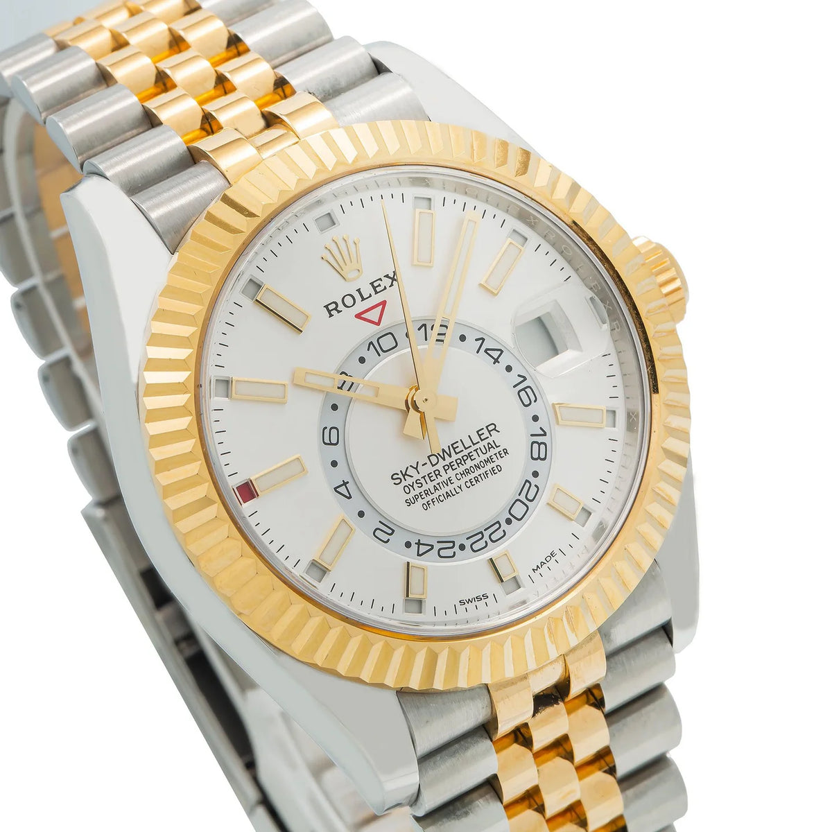 ROLEX SKY-DWELLER 42MM 326933 WHITE DIAL FLUTED BEZEL TWO TONE YELLOW GOLD JUBILEE BRACELET