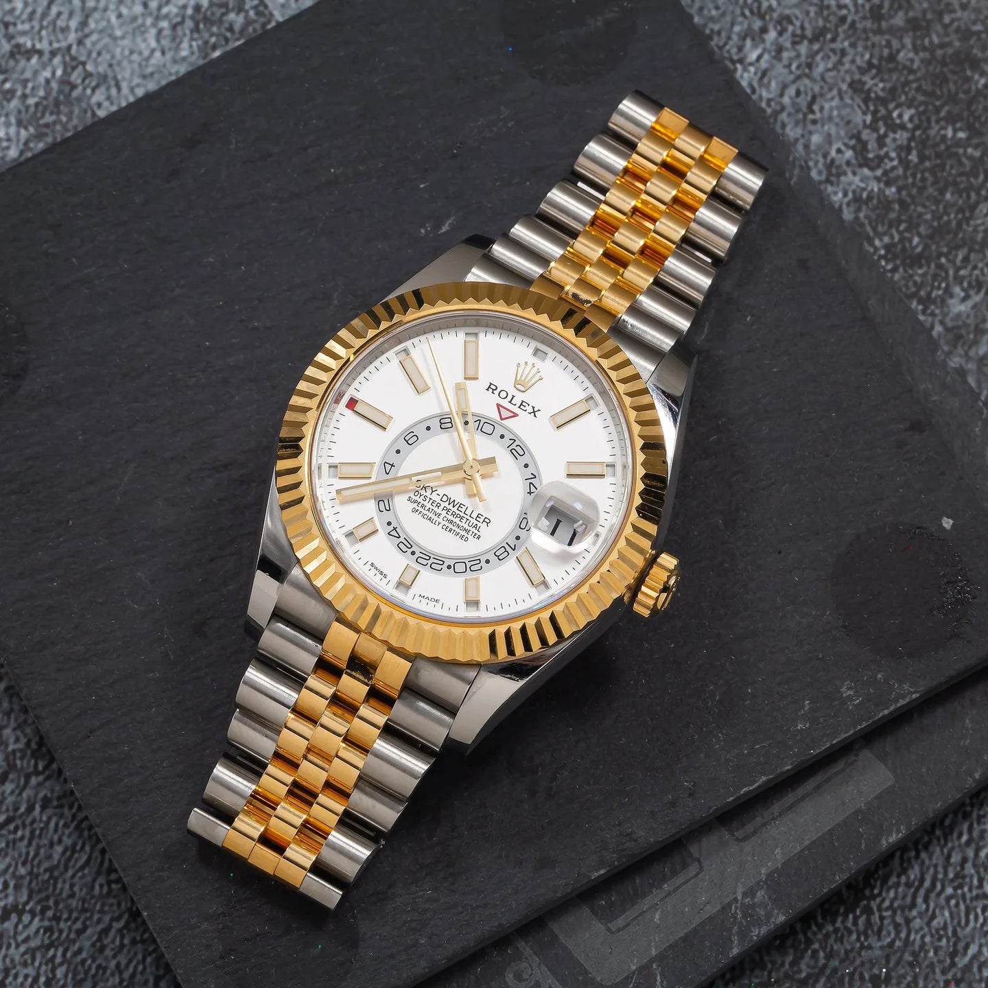 ROLEX SKY-DWELLER 42MM 326933 WHITE DIAL FLUTED BEZEL TWO TONE YELLOW GOLD JUBILEE BRACELET