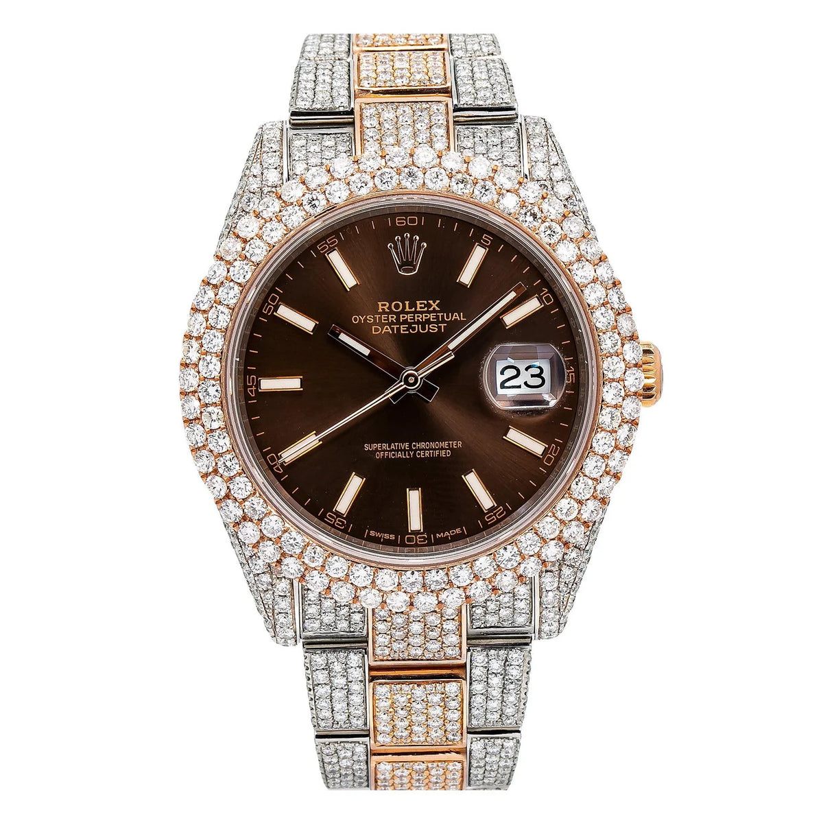 ROLEX DATEJUST 41MM 126331 CHOCOLATE DIAL DIAMOND BEZEL TWO TONE ROSE GOLD FULL DIAMOND JUBILEE BRACELET 21.25CT