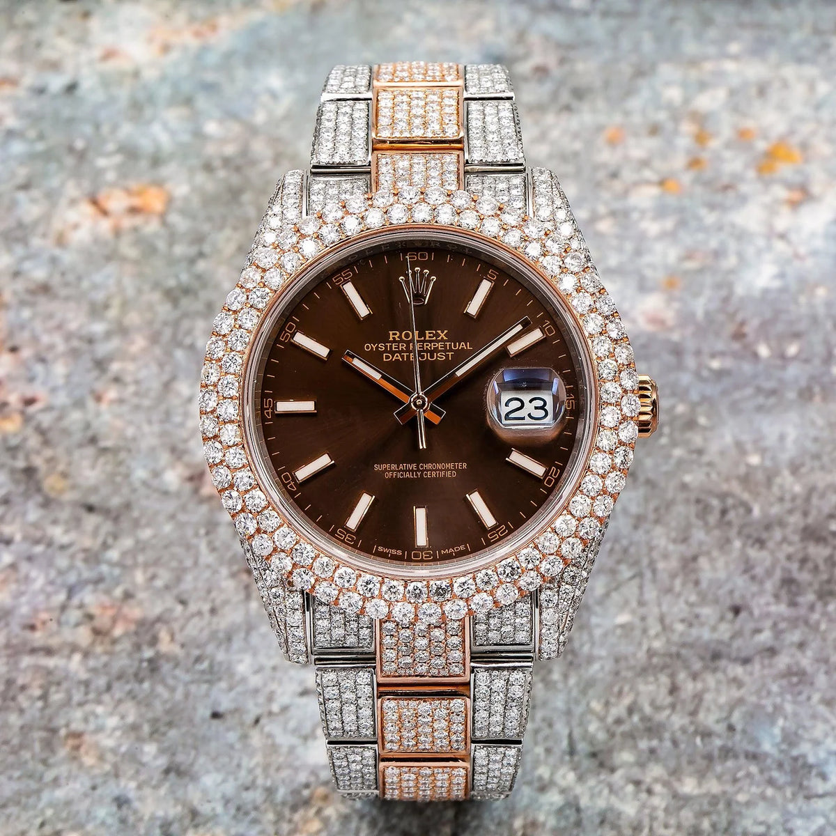 ROLEX DATEJUST 41MM 126331 CHOCOLATE DIAL DIAMOND BEZEL TWO TONE ROSE GOLD FULL DIAMOND JUBILEE BRACELET 21.25CT