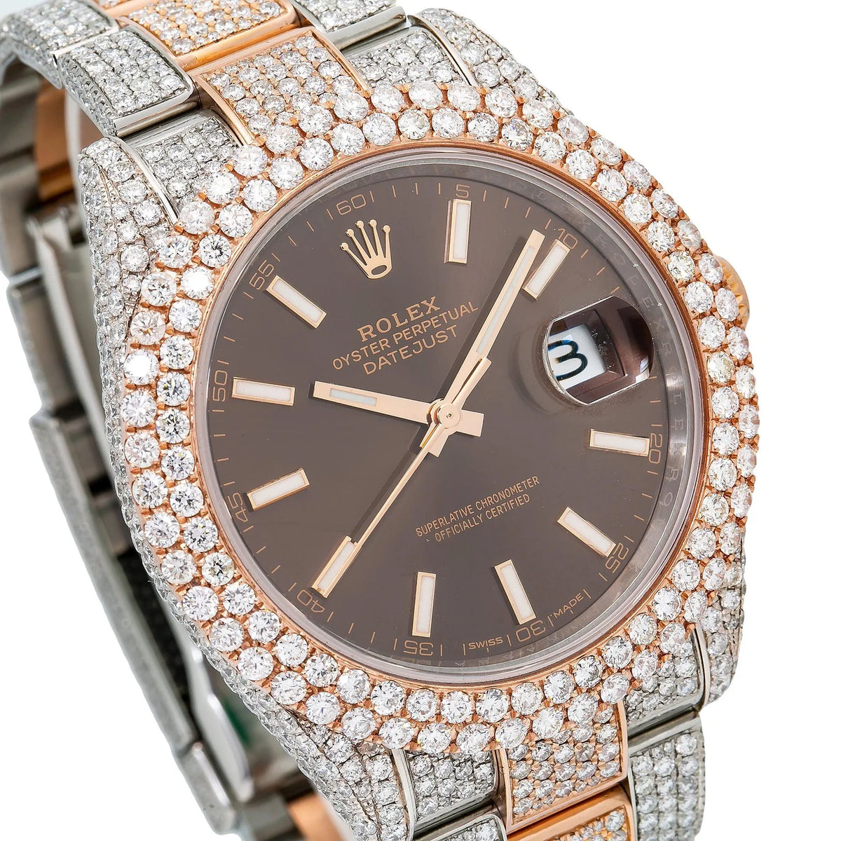 ROLEX DATEJUST 41MM 126331 CHOCOLATE DIAL DIAMOND BEZEL TWO TONE ROSE GOLD FULL DIAMOND JUBILEE BRACELET 21.25CT