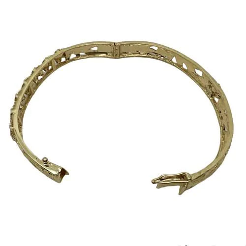 14KT Gold Hawaiian 8mm Cut-in Seven Plumeria Scrolled Bangle with Box Clasp and Hinge