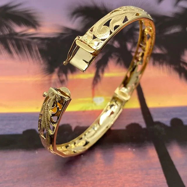 14KT Gold Hawaiian 10mm Cut-in Plumeria Scrolled Bangle with Box Clasp and Hinge