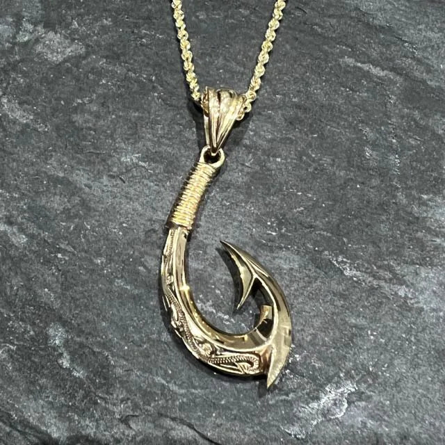 14KT Yellow Gold Hawaiian Fish Hook with Two Barbs Pendant