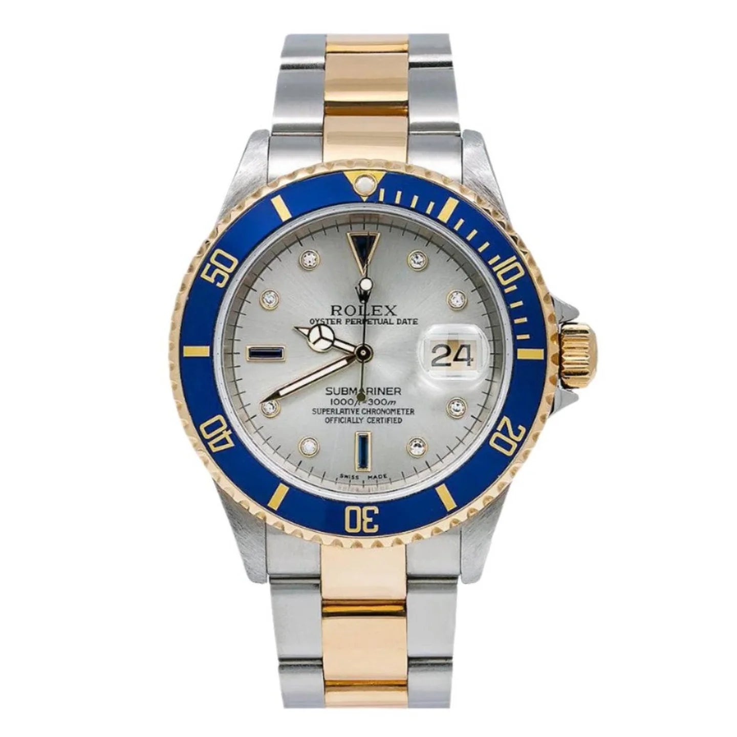 ROLEX SUBMARINER DATE 40MM 16613 SILVER DIAMOND DIAL BLUE CERAMIC BEZEL TWO TONE YELLOW GOLD OYSTER BRACELET
