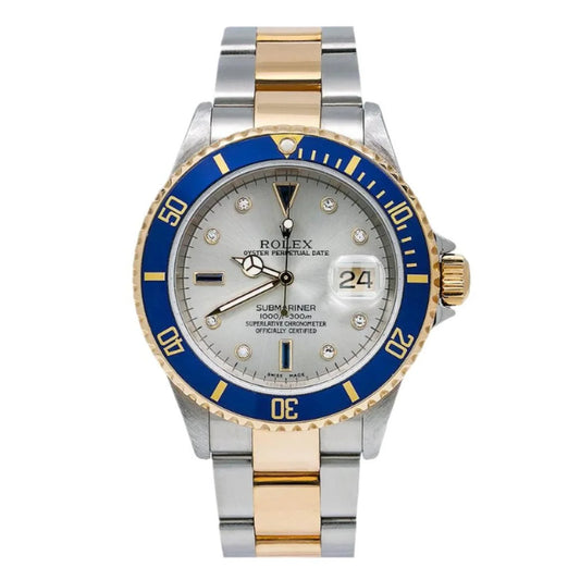 ROLEX SUBMARINER DATE 40MM 16613 SILVER DIAMOND DIAL BLUE CERAMIC BEZEL TWO TONE YELLOW GOLD OYSTER BRACELET