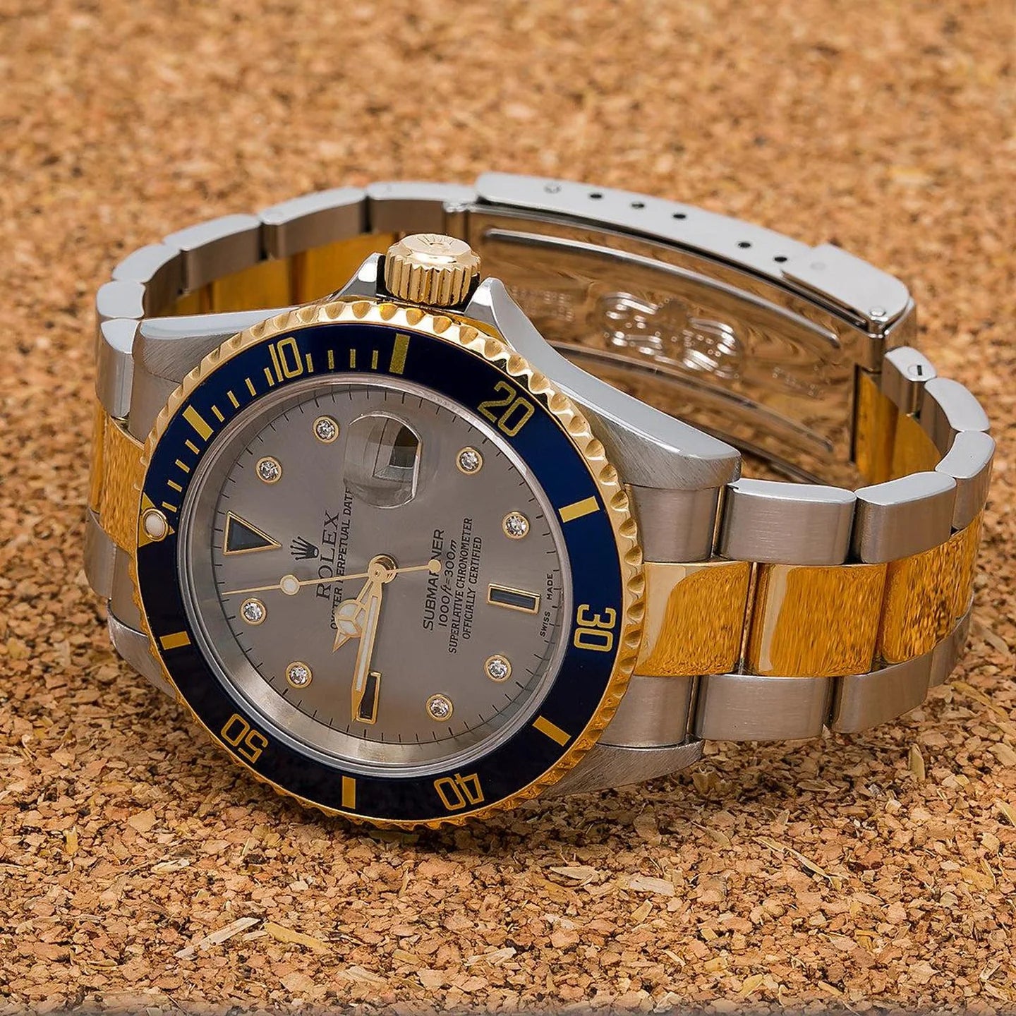 ROLEX SUBMARINER DATE 40MM 16613 SILVER DIAMOND DIAL BLUE CERAMIC BEZEL TWO TONE YELLOW GOLD OYSTER BRACELET