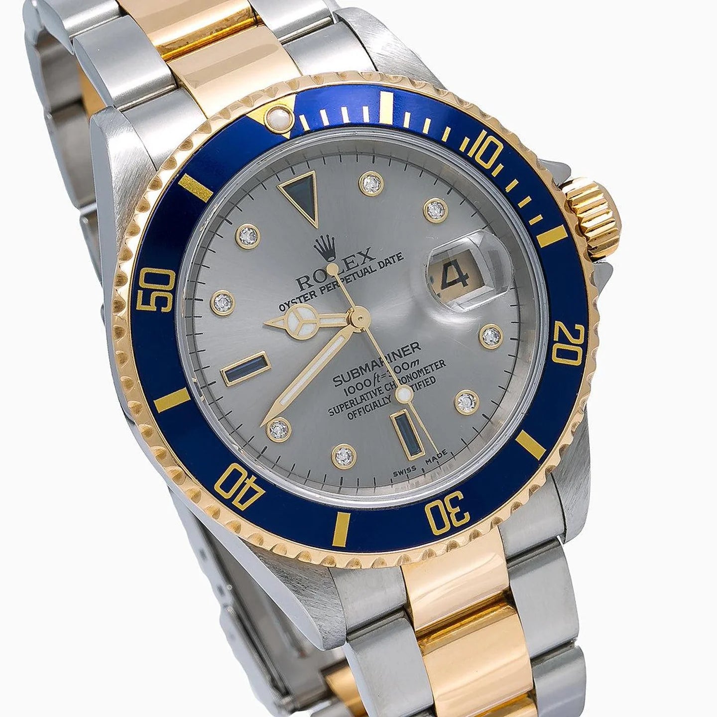 ROLEX SUBMARINER DATE 40MM 16613 SILVER DIAMOND DIAL BLUE CERAMIC BEZEL TWO TONE YELLOW GOLD OYSTER BRACELET