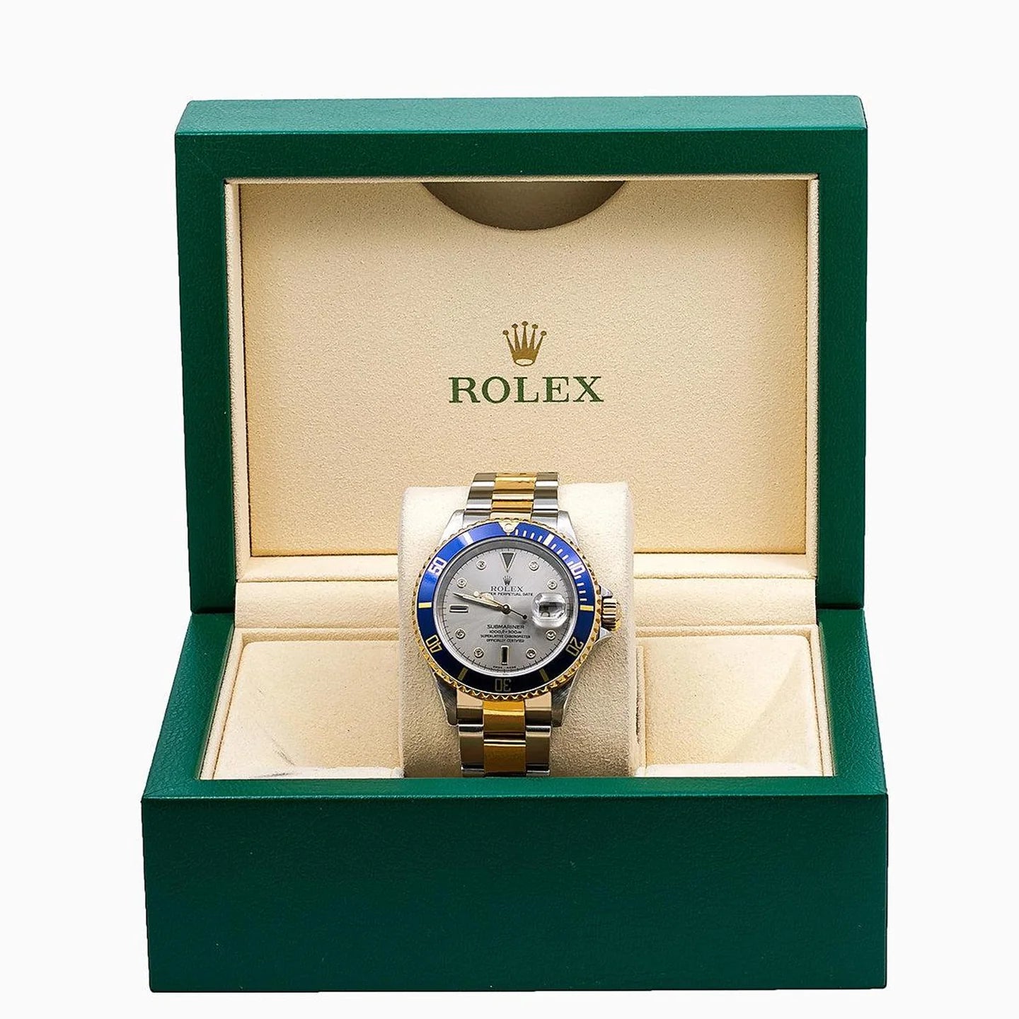 ROLEX SUBMARINER DATE 40MM 16613 SILVER DIAMOND DIAL BLUE CERAMIC BEZEL TWO TONE YELLOW GOLD OYSTER BRACELET