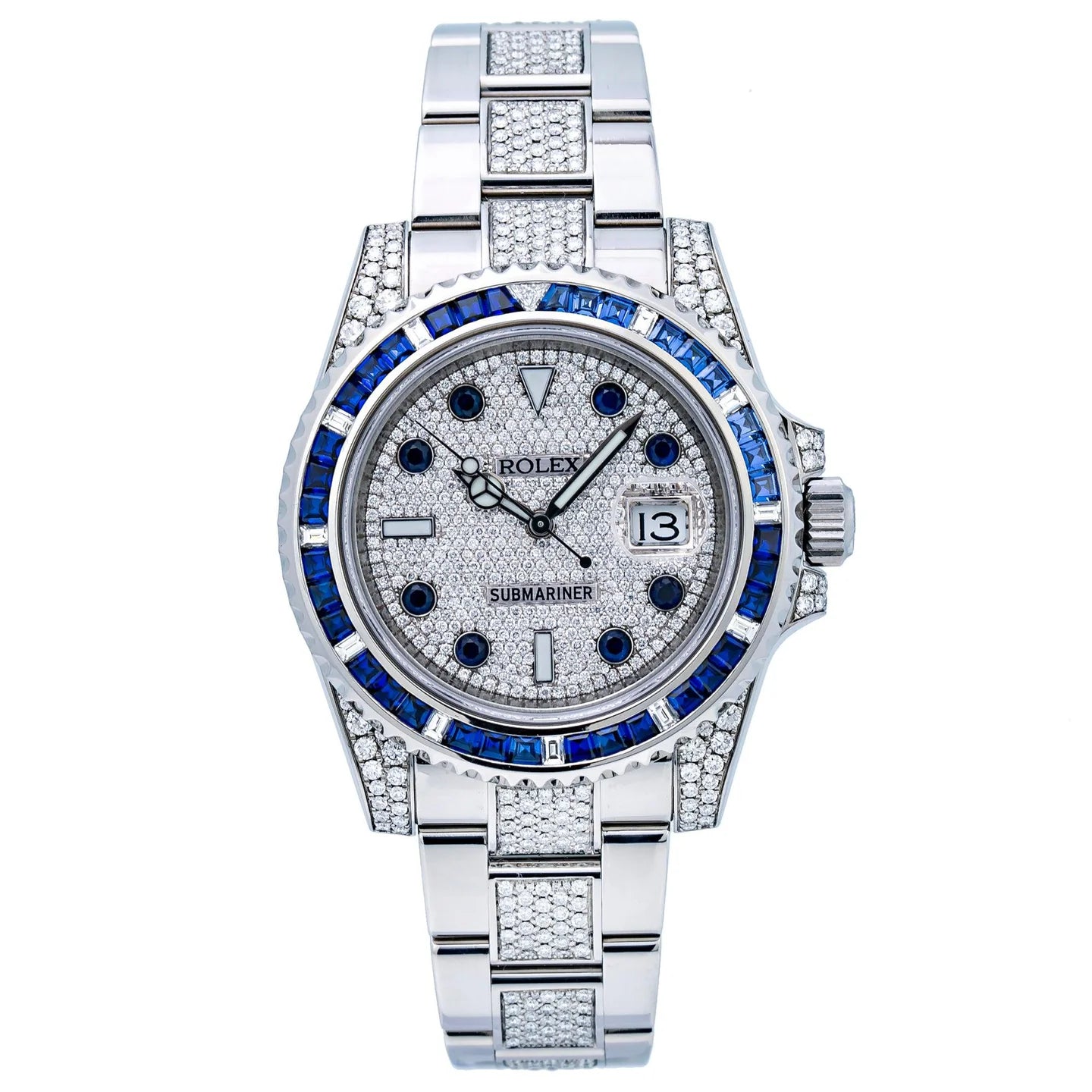 ROLEX SUBMARINER DATE 40MM 116610 DIAMOND PAVED DIAL BLUE GEMSTONE & DIAMOND BEZEL STAINLESS STEEL SEMI DIAMOND OYSTER BRACELET