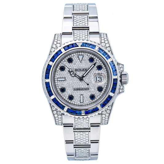 ROLEX SUBMARINER DATE 40MM 116610 DIAMOND PAVED DIAL BLUE GEMSTONE & DIAMOND BEZEL STAINLESS STEEL SEMI DIAMOND OYSTER BRACELET