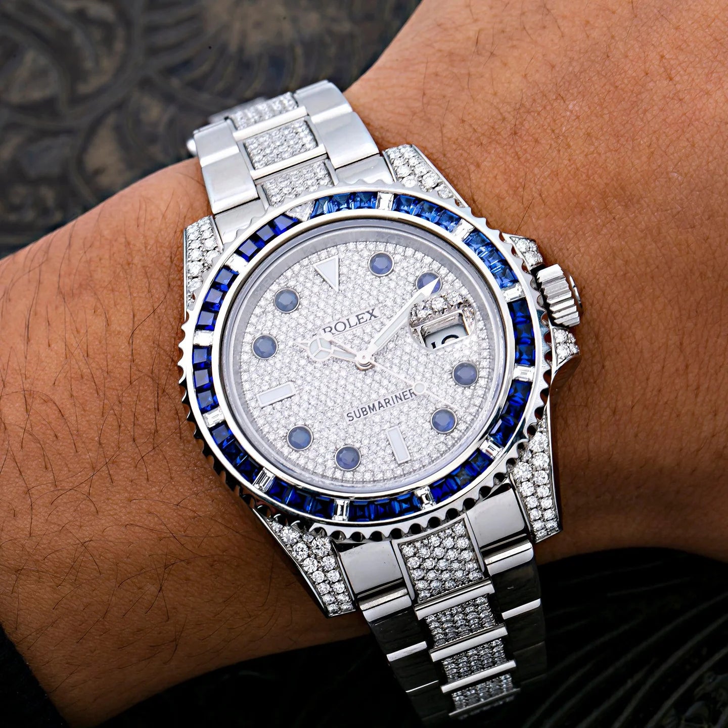 ROLEX SUBMARINER DATE 40MM 116610 DIAMOND PAVED DIAL BLUE GEMSTONE & DIAMOND BEZEL STAINLESS STEEL SEMI DIAMOND OYSTER BRACELET