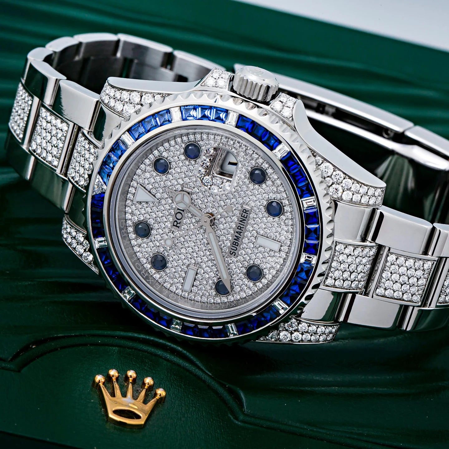 ROLEX SUBMARINER DATE 40MM 116610 DIAMOND PAVED DIAL BLUE GEMSTONE & DIAMOND BEZEL STAINLESS STEEL SEMI DIAMOND OYSTER BRACELET