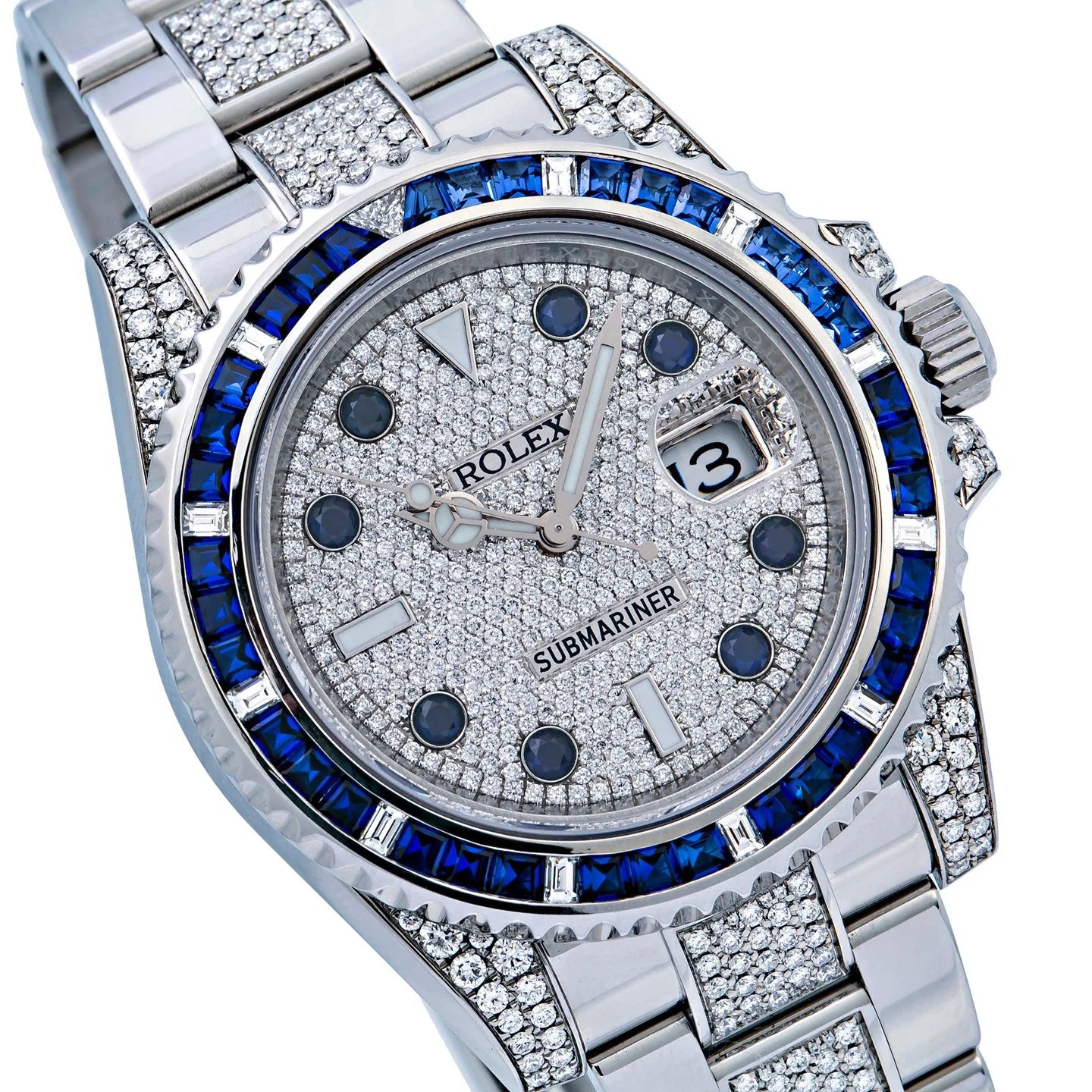 ROLEX SUBMARINER DATE 40MM 116610 DIAMOND PAVED DIAL BLUE GEMSTONE & DIAMOND BEZEL STAINLESS STEEL SEMI DIAMOND OYSTER BRACELET