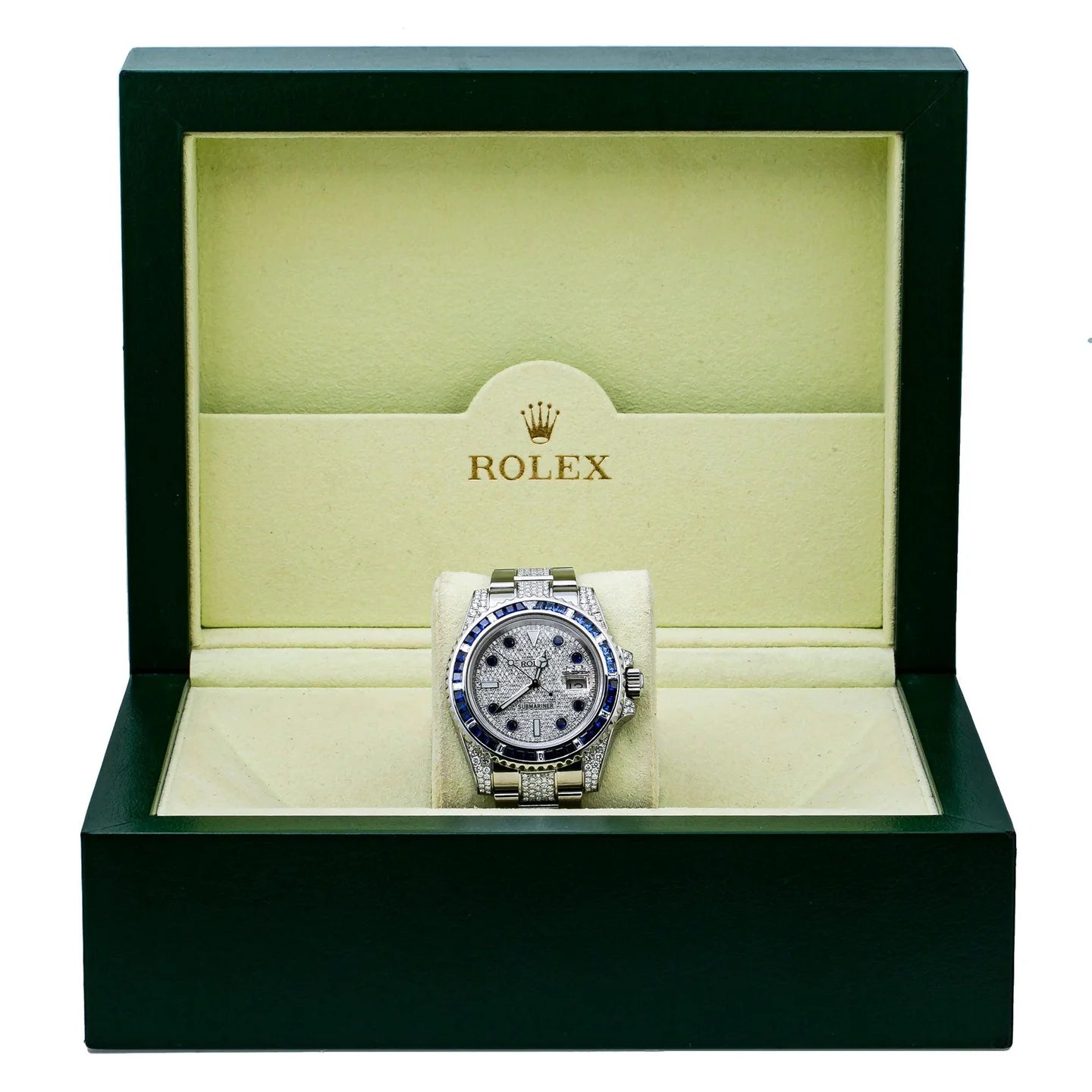 ROLEX SUBMARINER DATE 40MM 116610 DIAMOND PAVED DIAL BLUE GEMSTONE & DIAMOND BEZEL STAINLESS STEEL SEMI DIAMOND OYSTER BRACELET