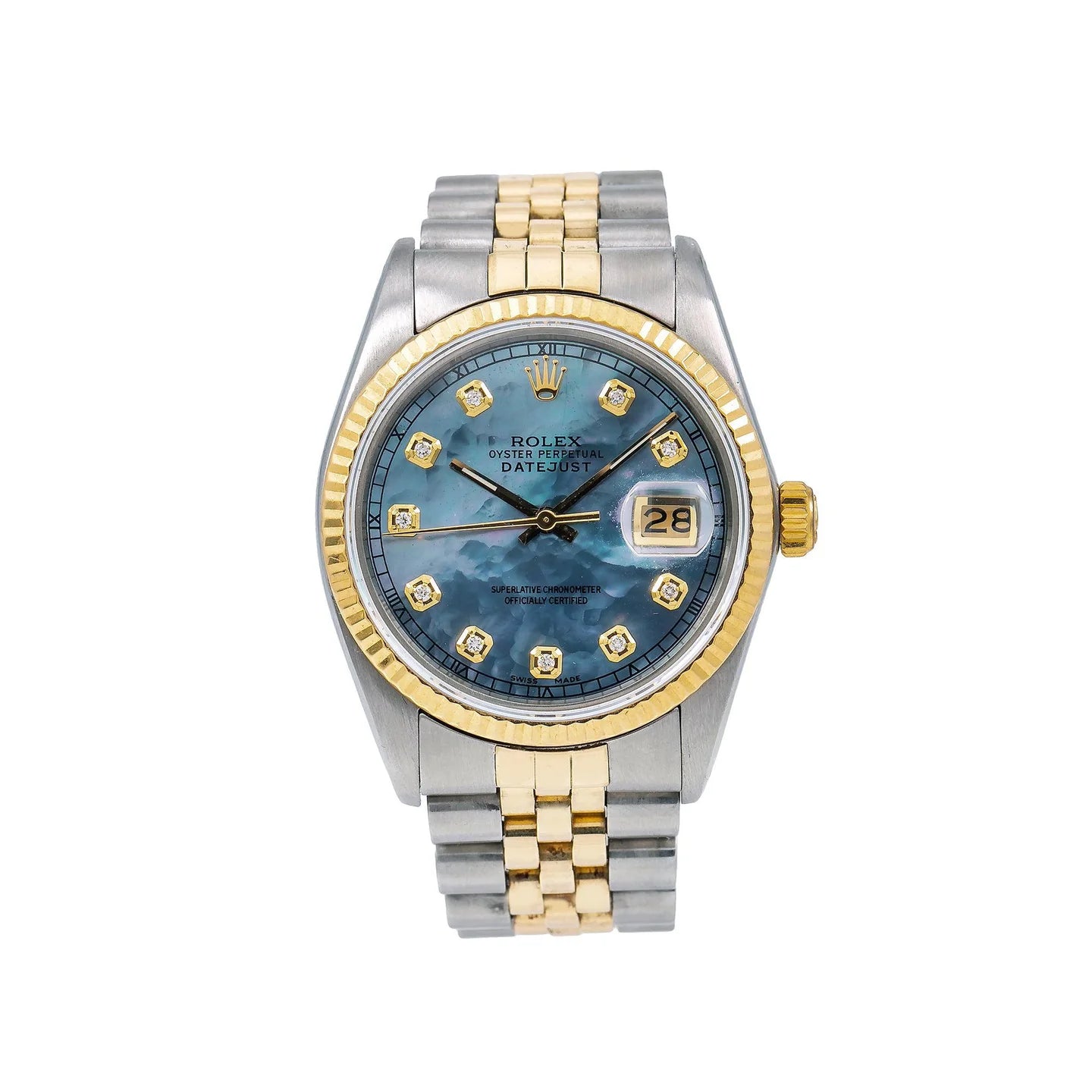 ROLEX DATEJUST 36MM 16233 BLUE MOTHER OF PEARL DIAMOND DIAL FLUTED BEZEL TWO TONE YELLOW GOLD JUBILEE BRACELET