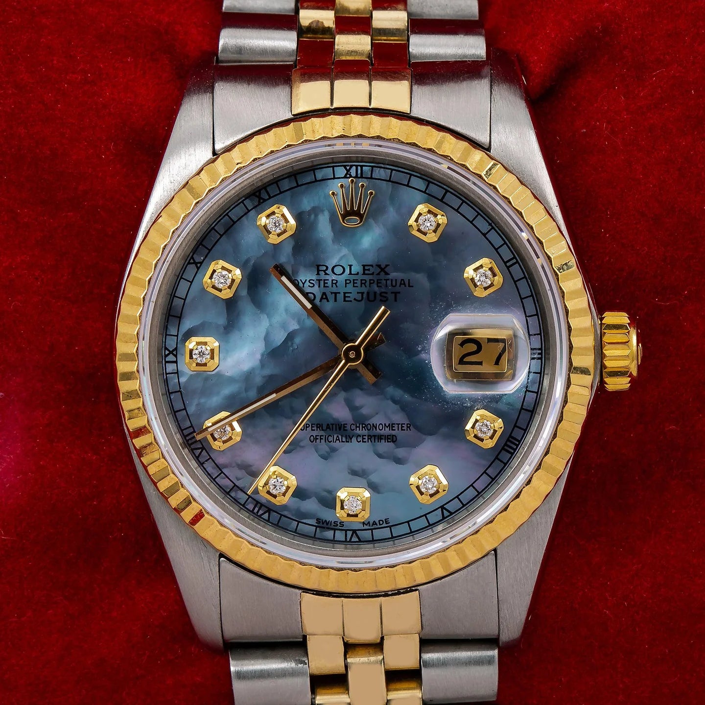 ROLEX DATEJUST 36MM 16233 BLUE MOTHER OF PEARL DIAMOND DIAL FLUTED BEZEL TWO TONE YELLOW GOLD JUBILEE BRACELET
