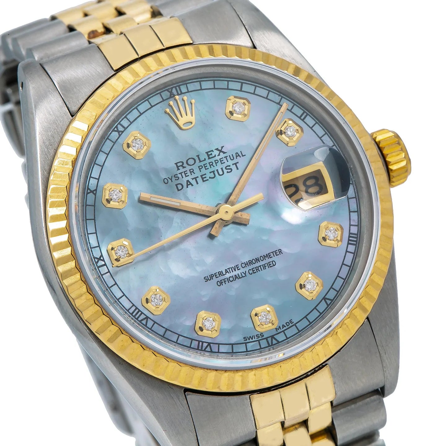 ROLEX DATEJUST 36MM 16233 BLUE MOTHER OF PEARL DIAMOND DIAL FLUTED BEZEL TWO TONE YELLOW GOLD JUBILEE BRACELET
