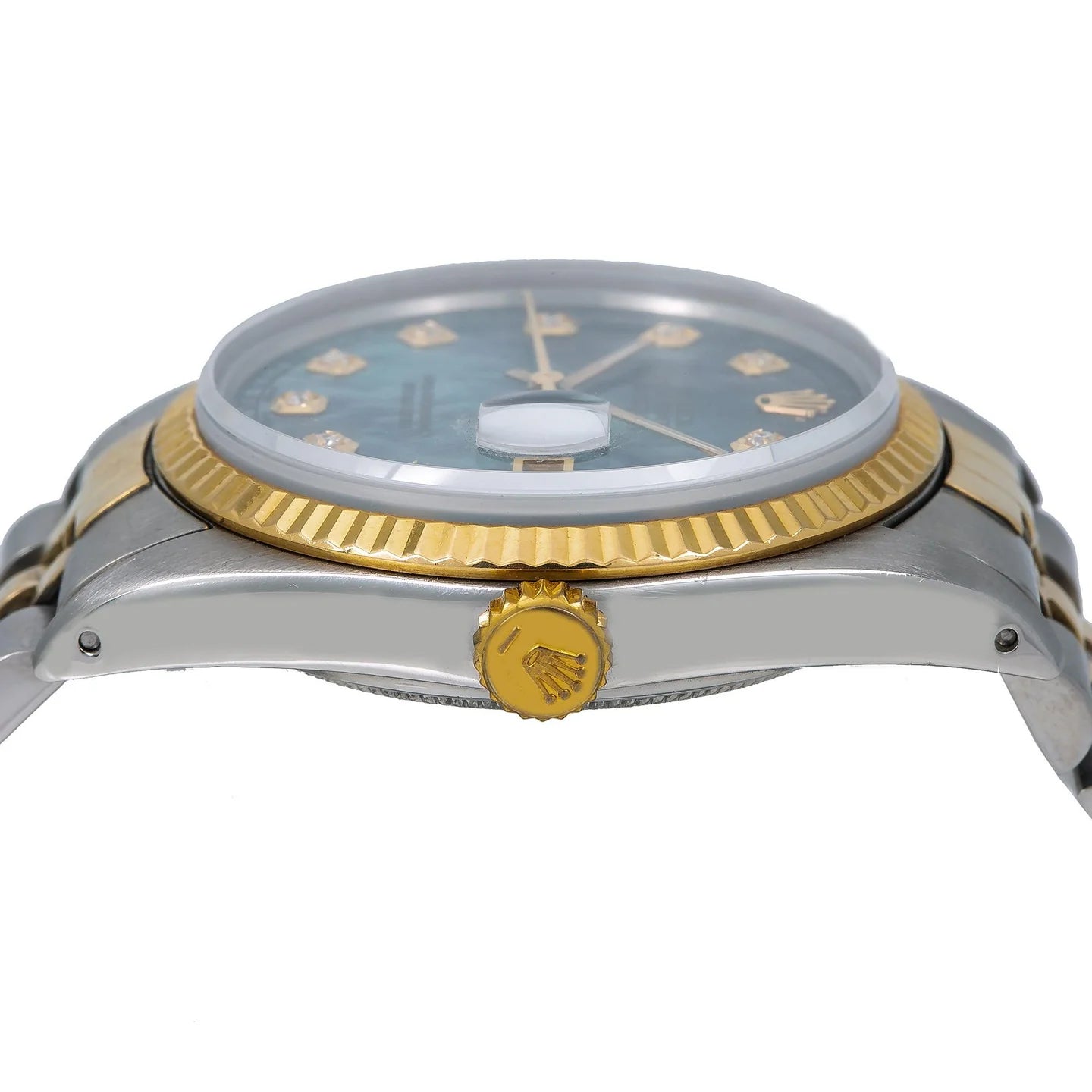 ROLEX DATEJUST 36MM 16233 BLUE MOTHER OF PEARL DIAMOND DIAL FLUTED BEZEL TWO TONE YELLOW GOLD JUBILEE BRACELET