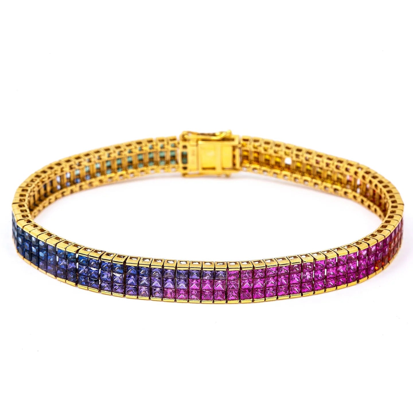 14K YELLOW GOLD GEMSTONE RAINBOW BRACELET 15.5 CT CRYSTAL COLOR STONES